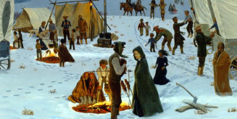 Artistic depiction of Mormon Pioneers camping in the snow