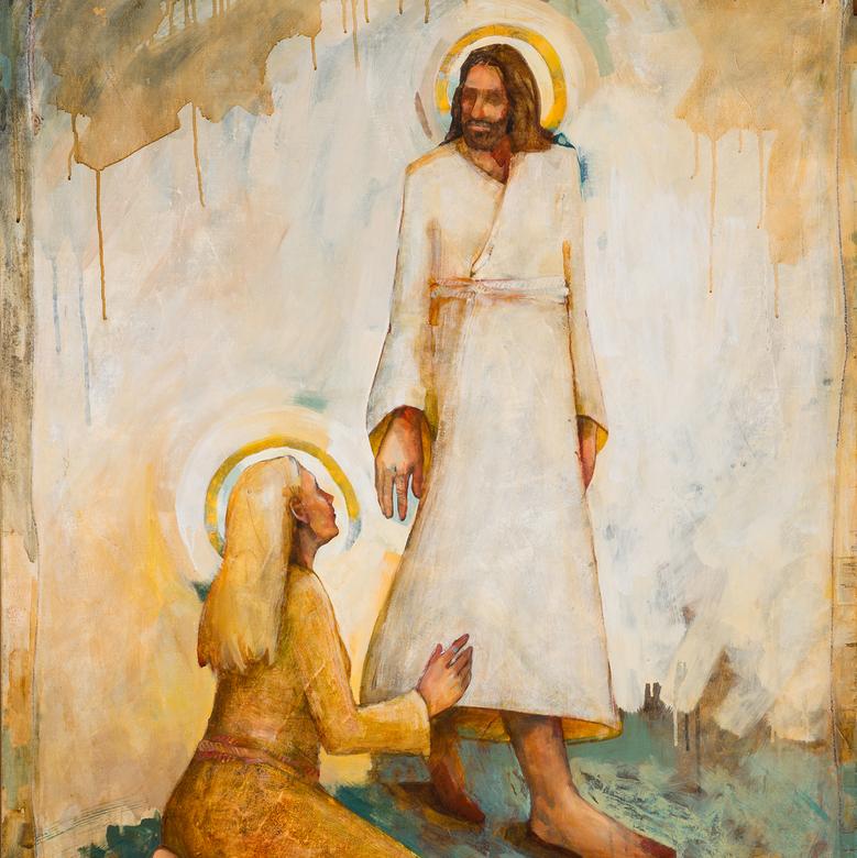 An oil painting on panel and fabric by Caitlin Maxfield Connolly, depicting Jesus and a believing woman.