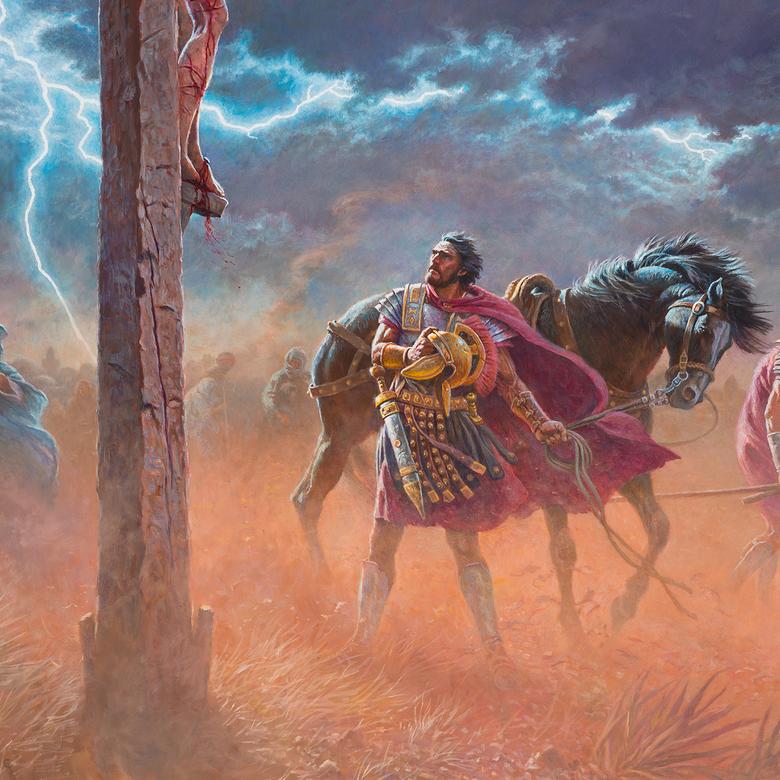 An oil painting by Clark Kelley Price depicting the testimony of the Roman centurion standing guard at the Crucifixion of Christ.