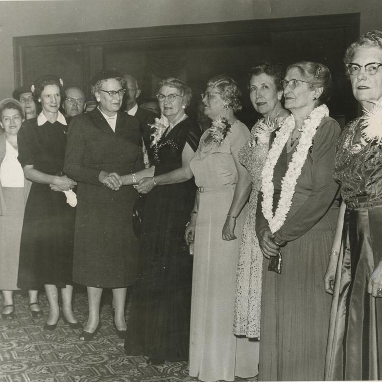 The Relief Society General Presidency greets visitors at the building's open house in October 1956