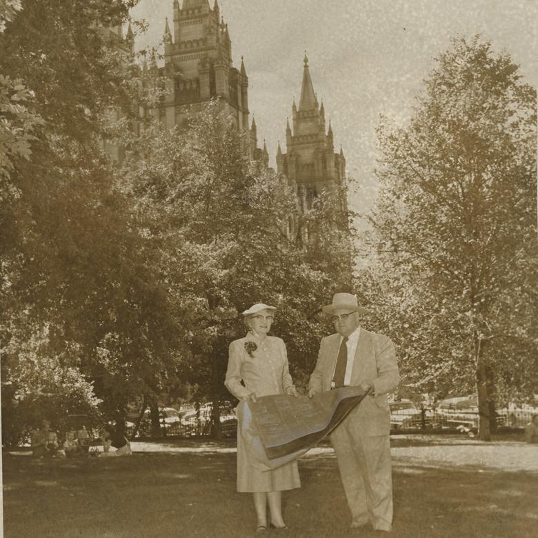 Belle S. Spafford and George Cannon Young inspect the site of the Relief Society Building
