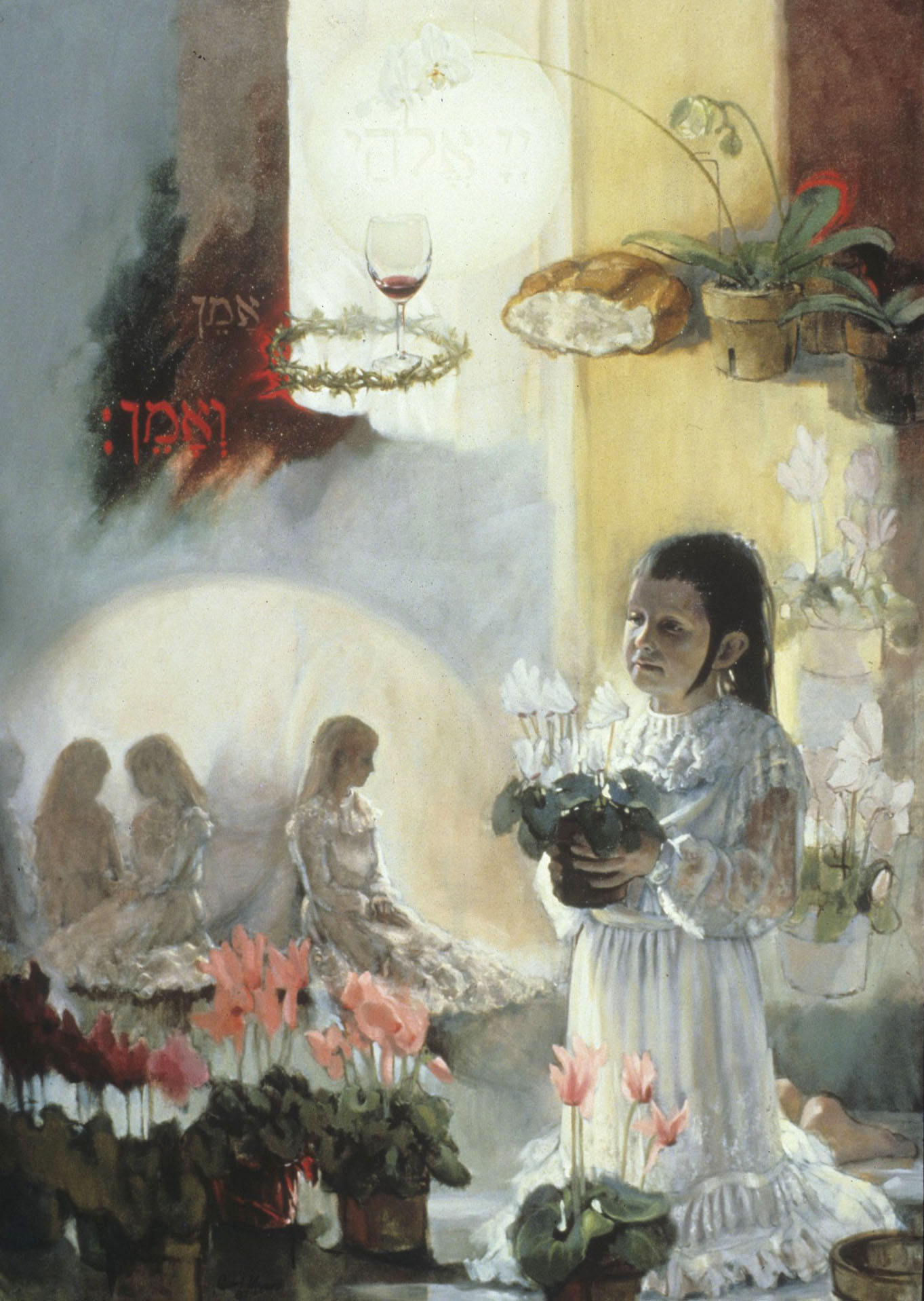 young girl on her knees, in white dress, holding potted plant of white flowers
