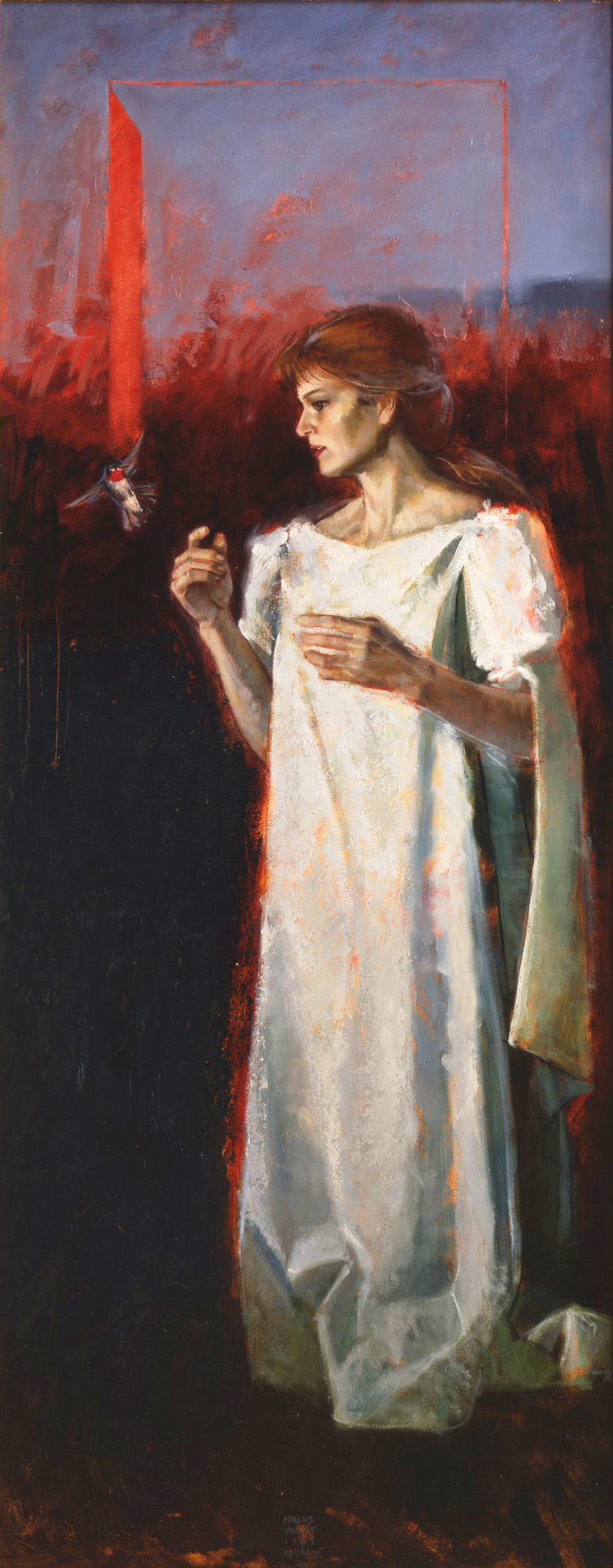 A woman in white robes is captivated by a hummingbird.