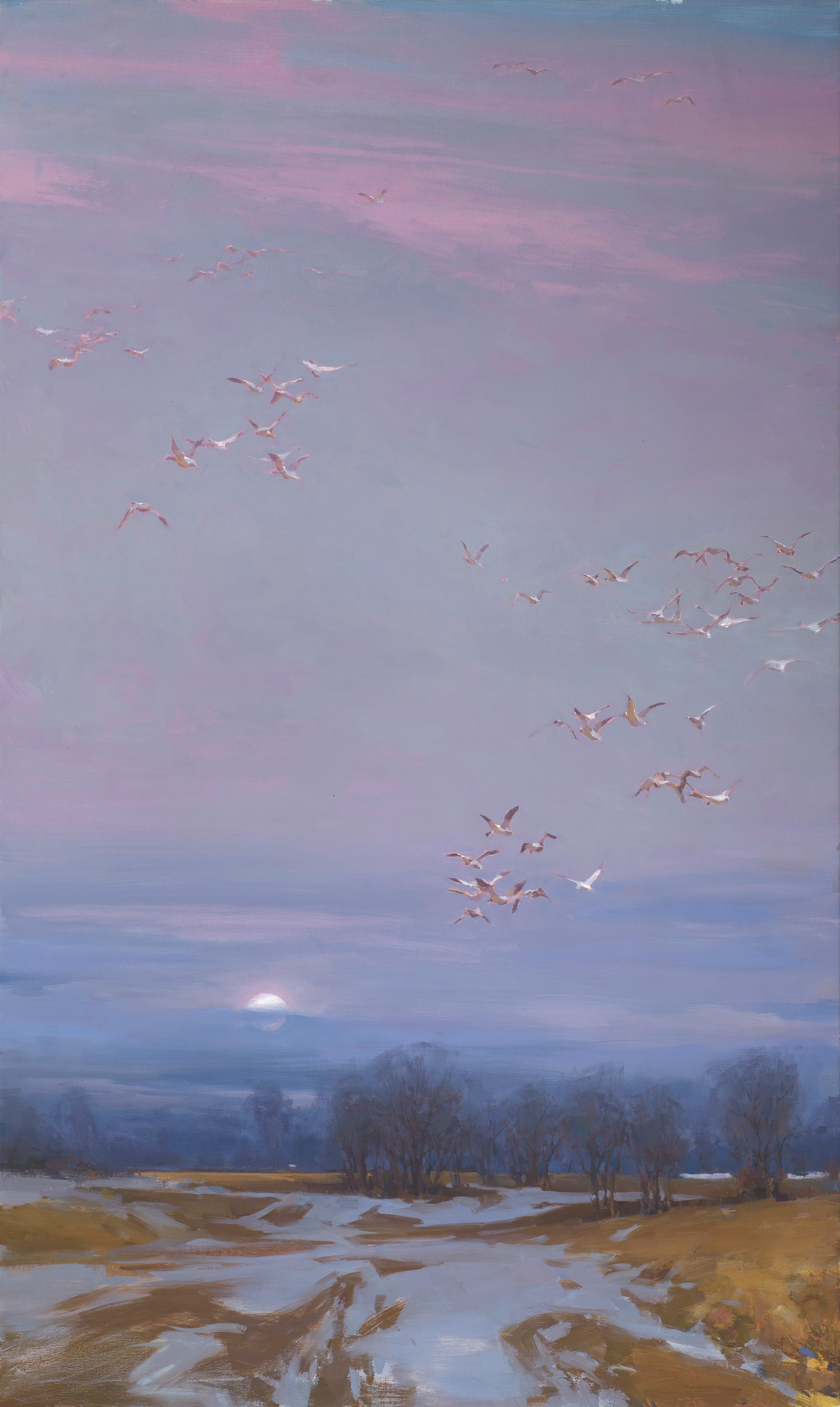 Landscape painting depicting a flock of birds flying over Locust Creek, Iowa in the moonlight. There is snow on the ground.