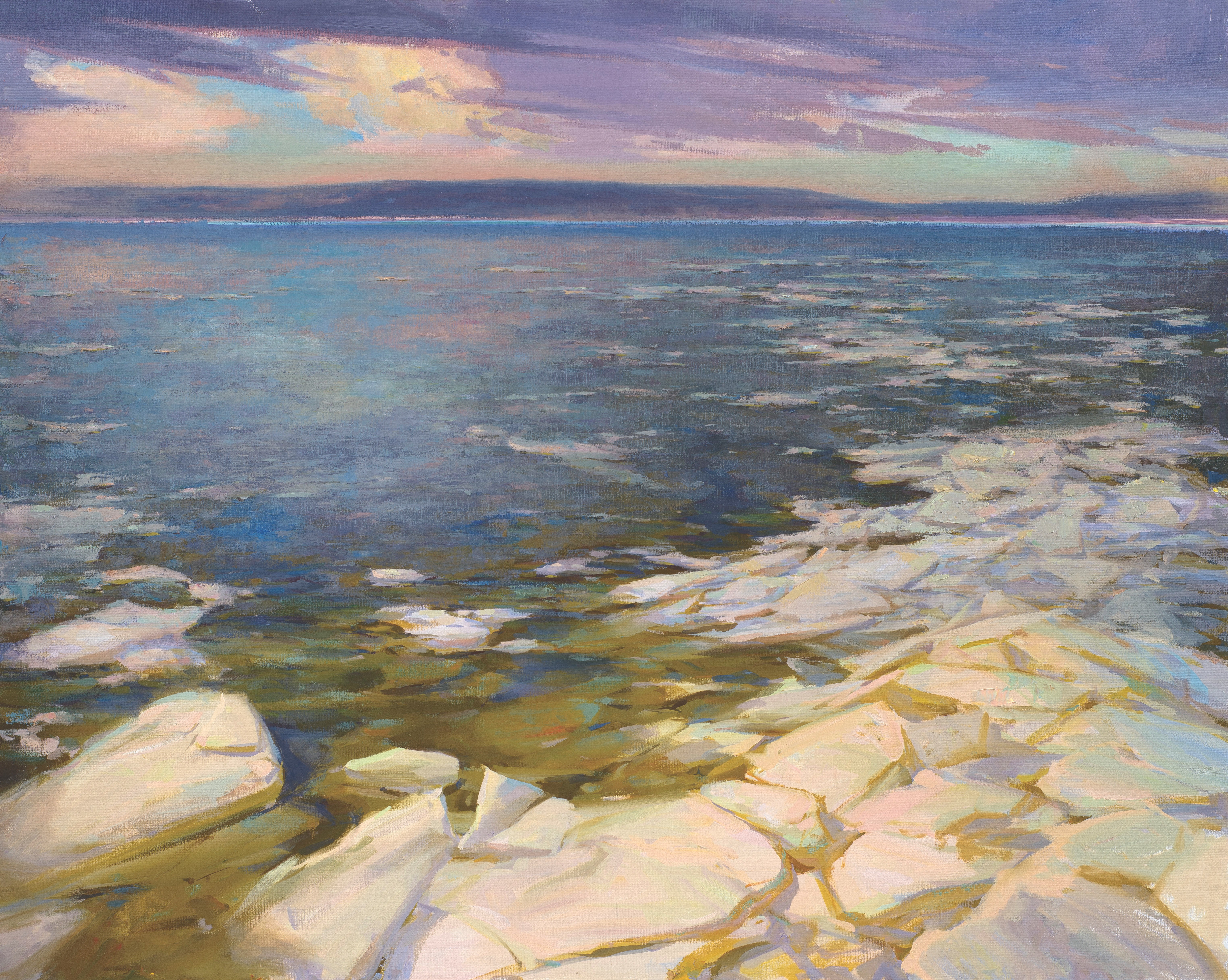 Landscape painting depicting the Mississippi River with ice along the edges and rocky shoreline.