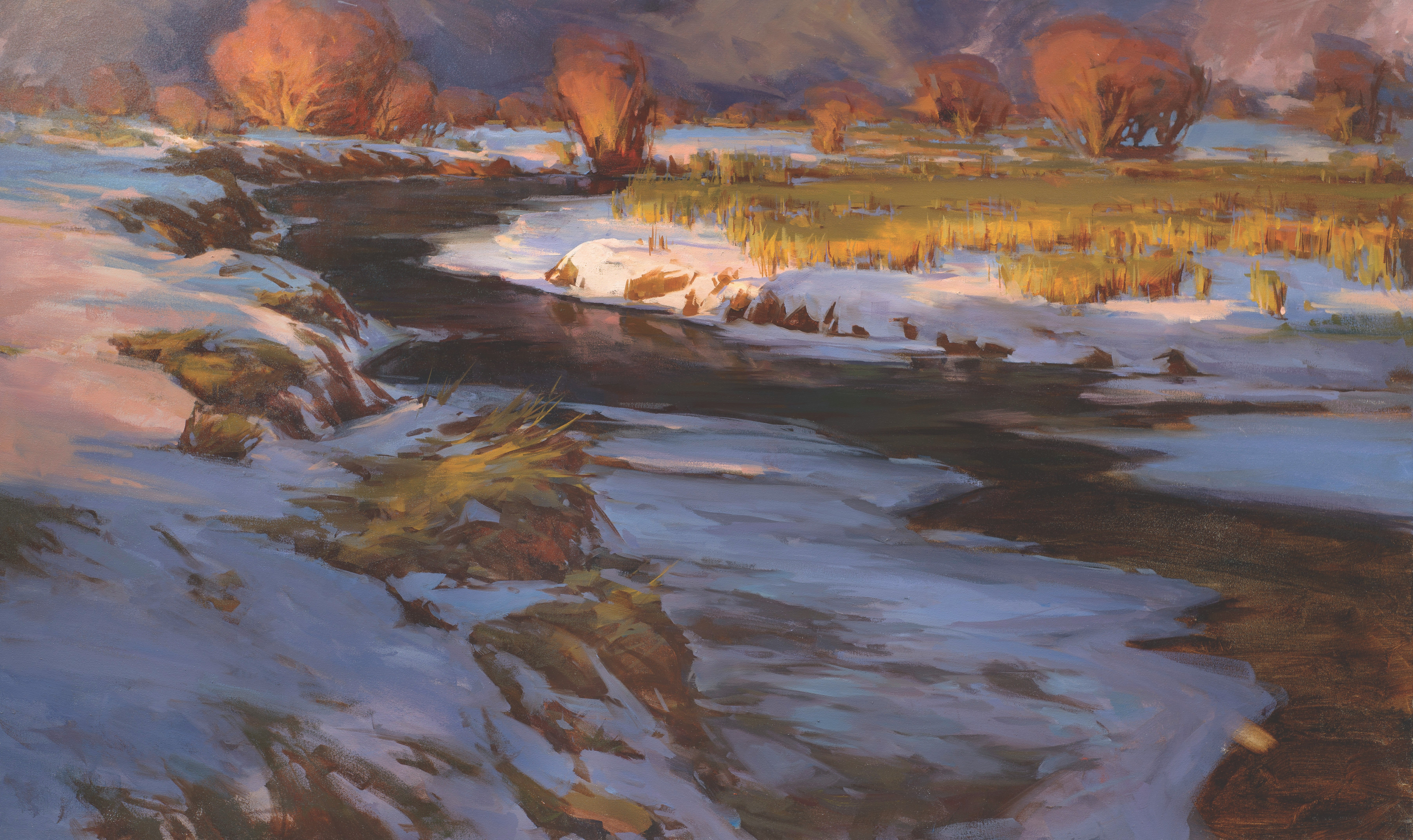 Landscape painting depicting the Sweetwater River and surrounding snow covered landscape near Martin's Cove, Wyoming.