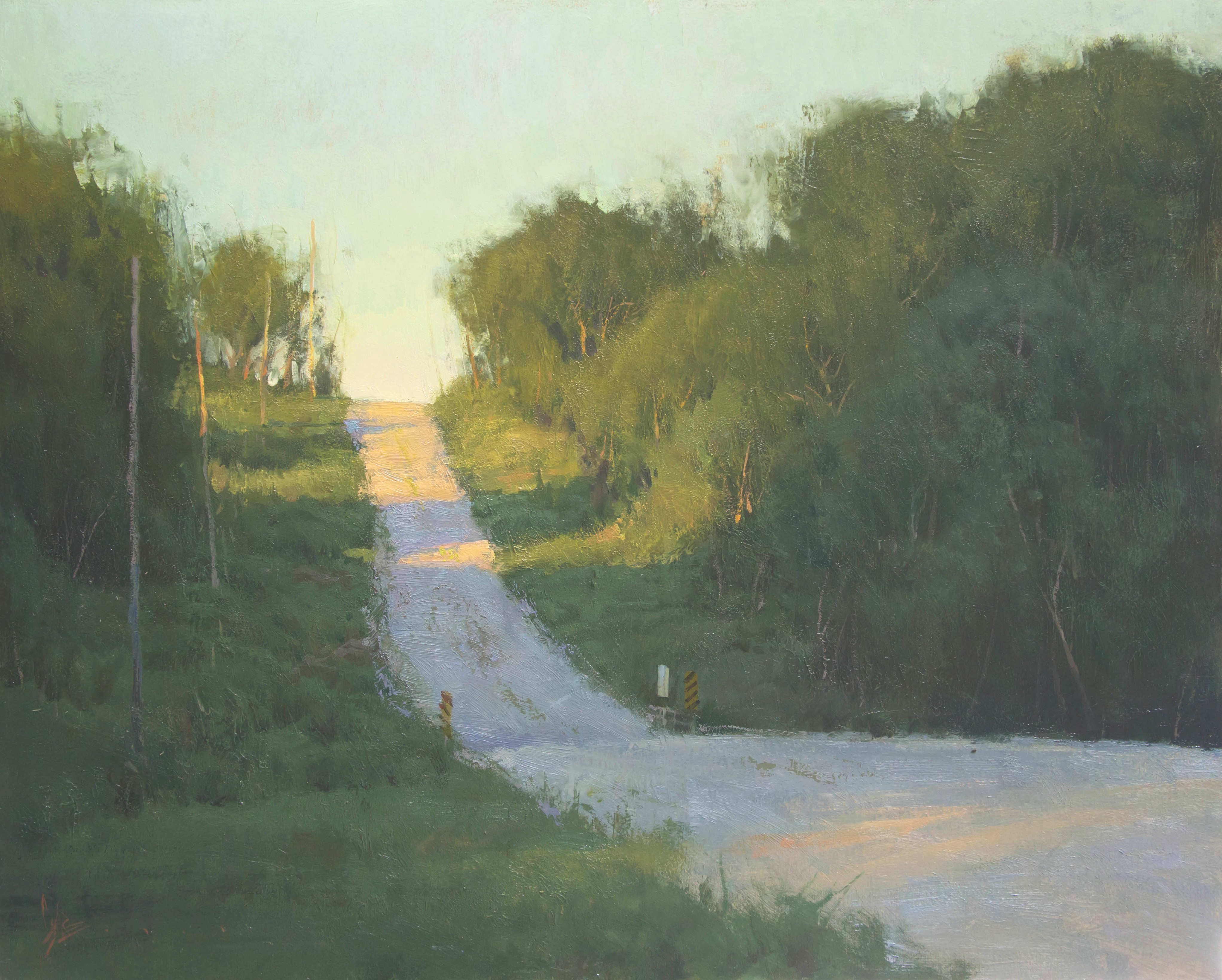 Landscape painting depicting a dirt road leading up a steep hill in Western, Iowa. There are thick groves of trees bordering the road.
