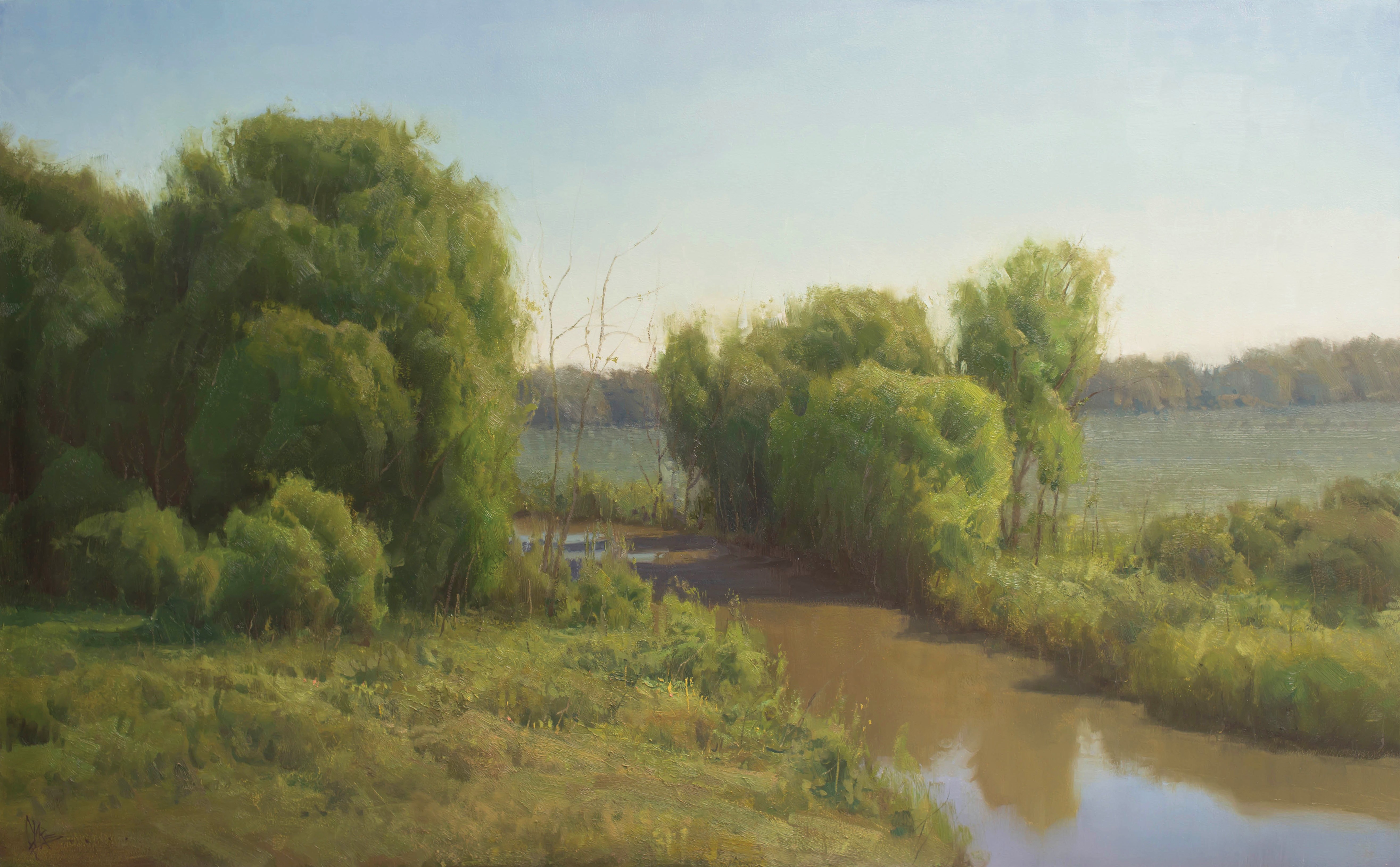 Landscape painting depicting trees bordering the Elkhorn River Crossing in Nebraska.