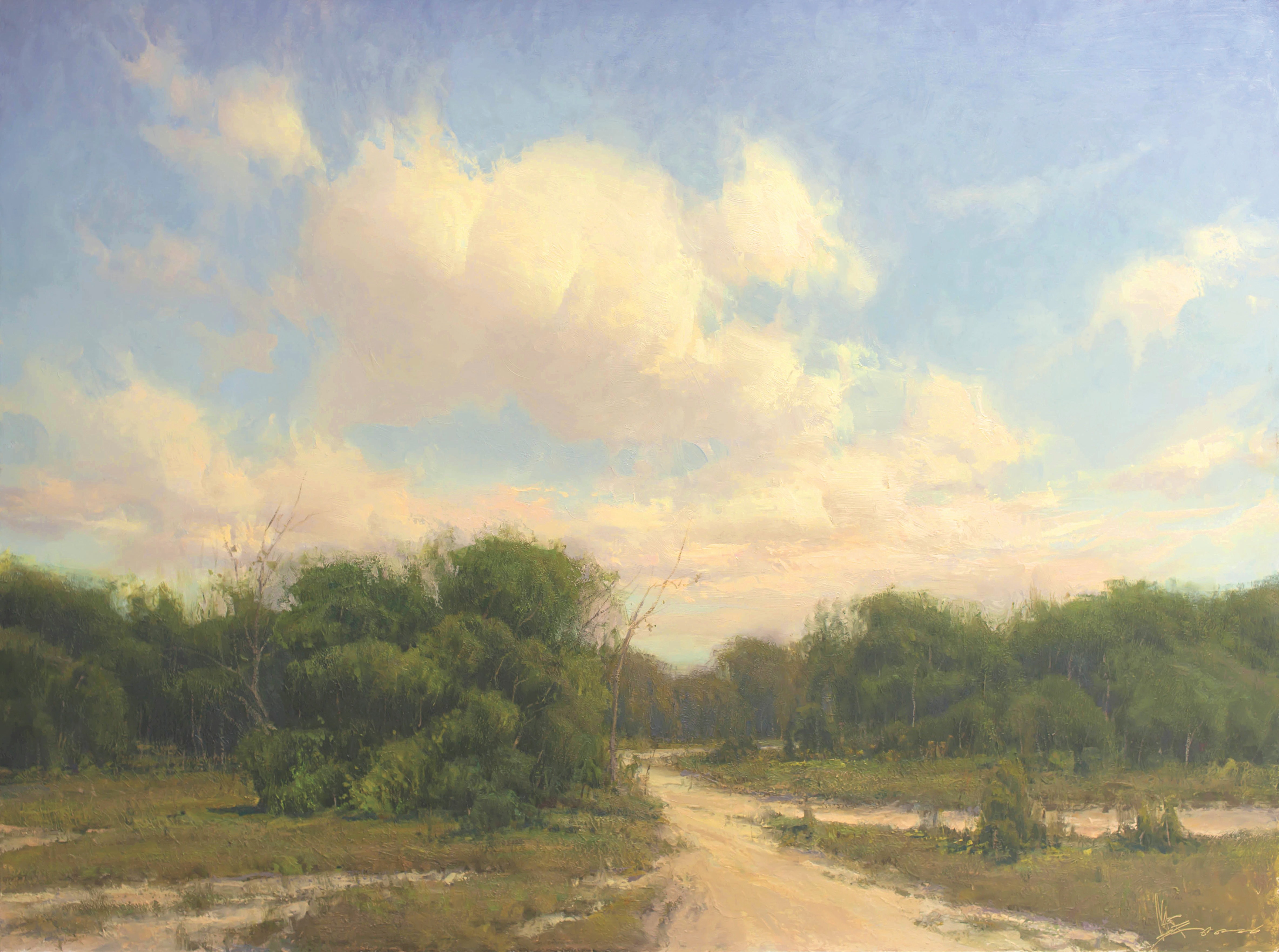 Landscape painting depicting a dirt road and trees near Fort Kearny, Nebraska. There are large clouds in the sky.