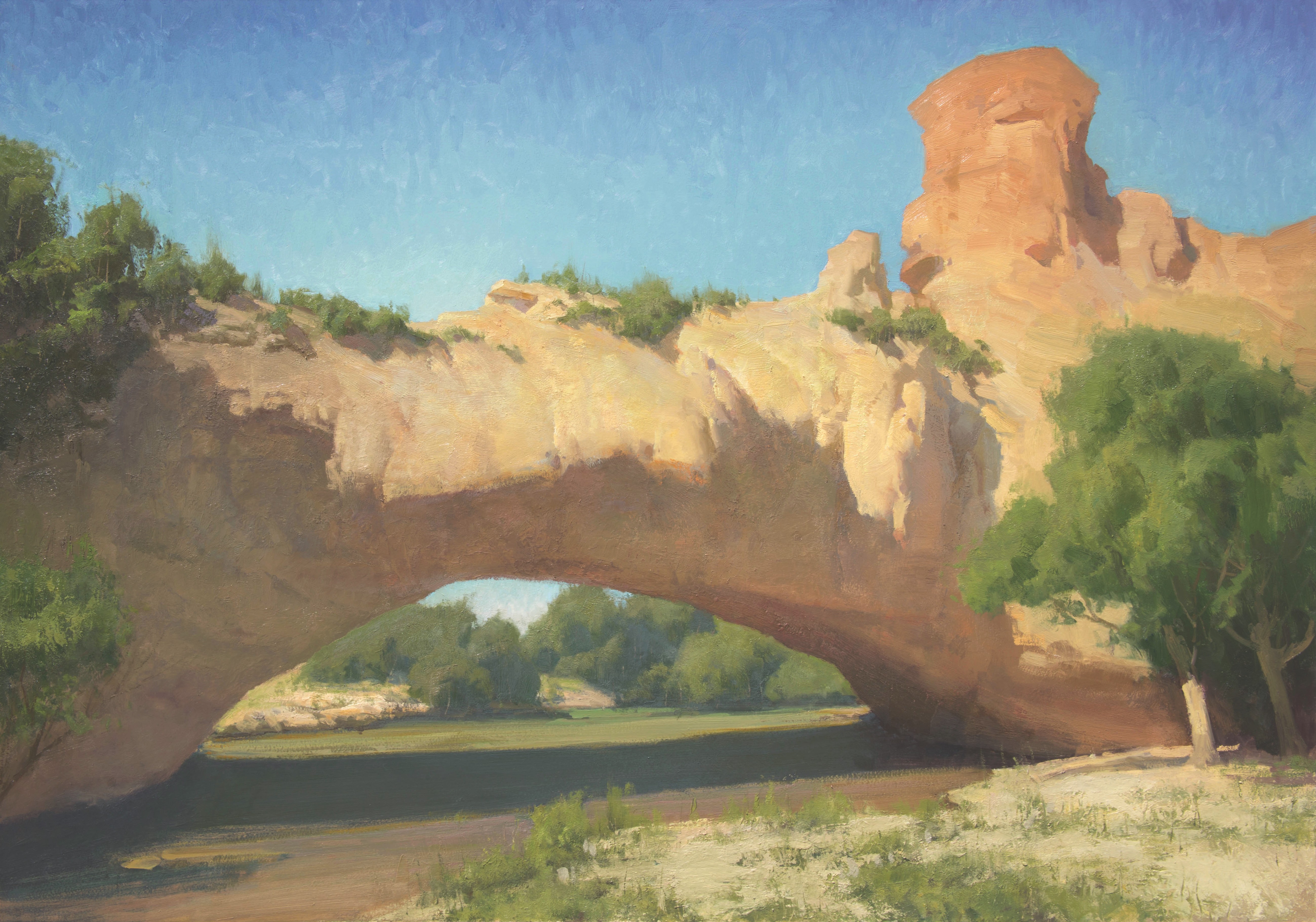Landscape painting depicting Ayres Natural Bridge in Wyoming. The arch spans over a river.