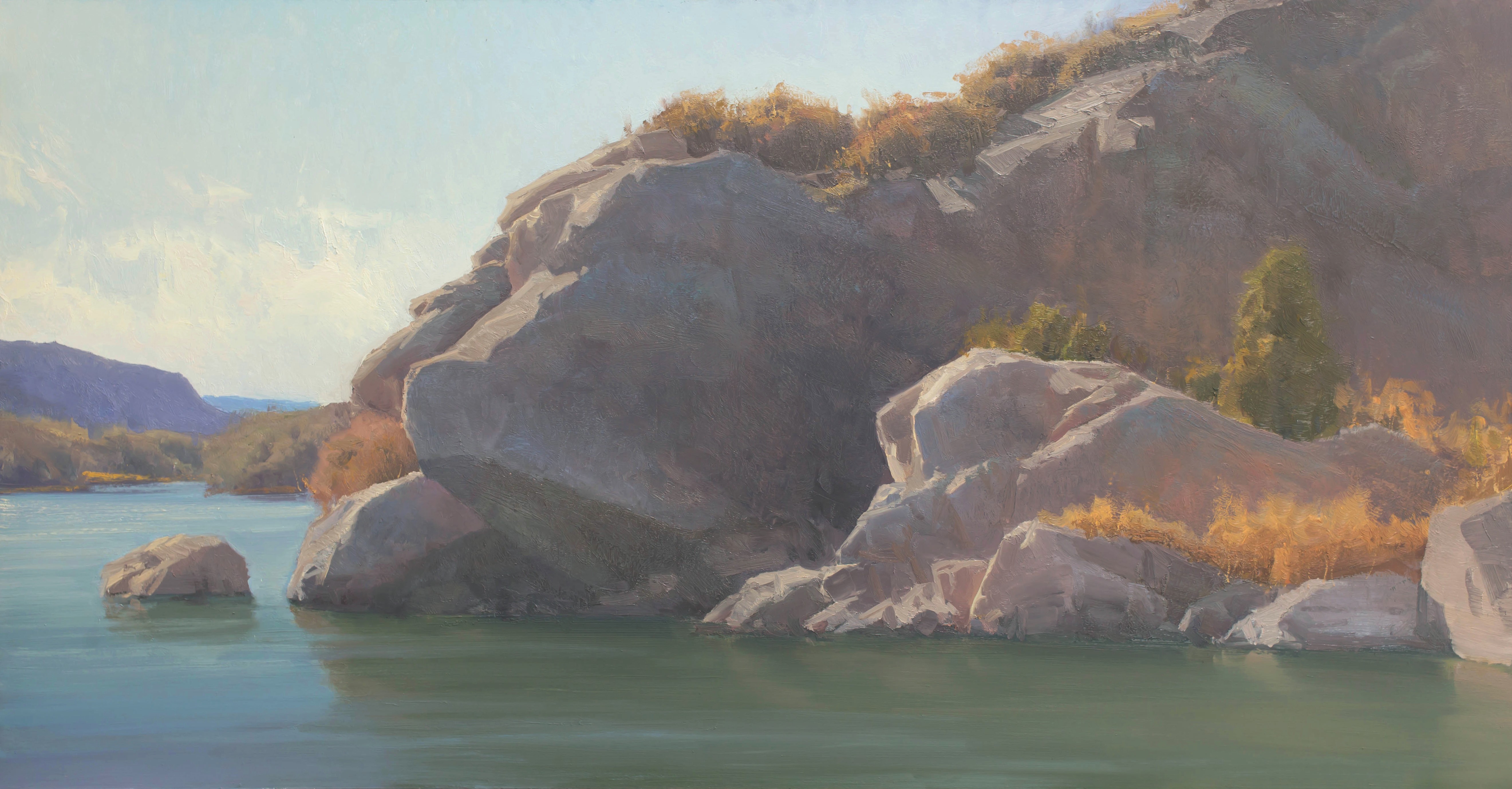 Rock formations and foliage bordering the North Platte River, near the site of the old Mormon Ferry in Casper, Wyoming.