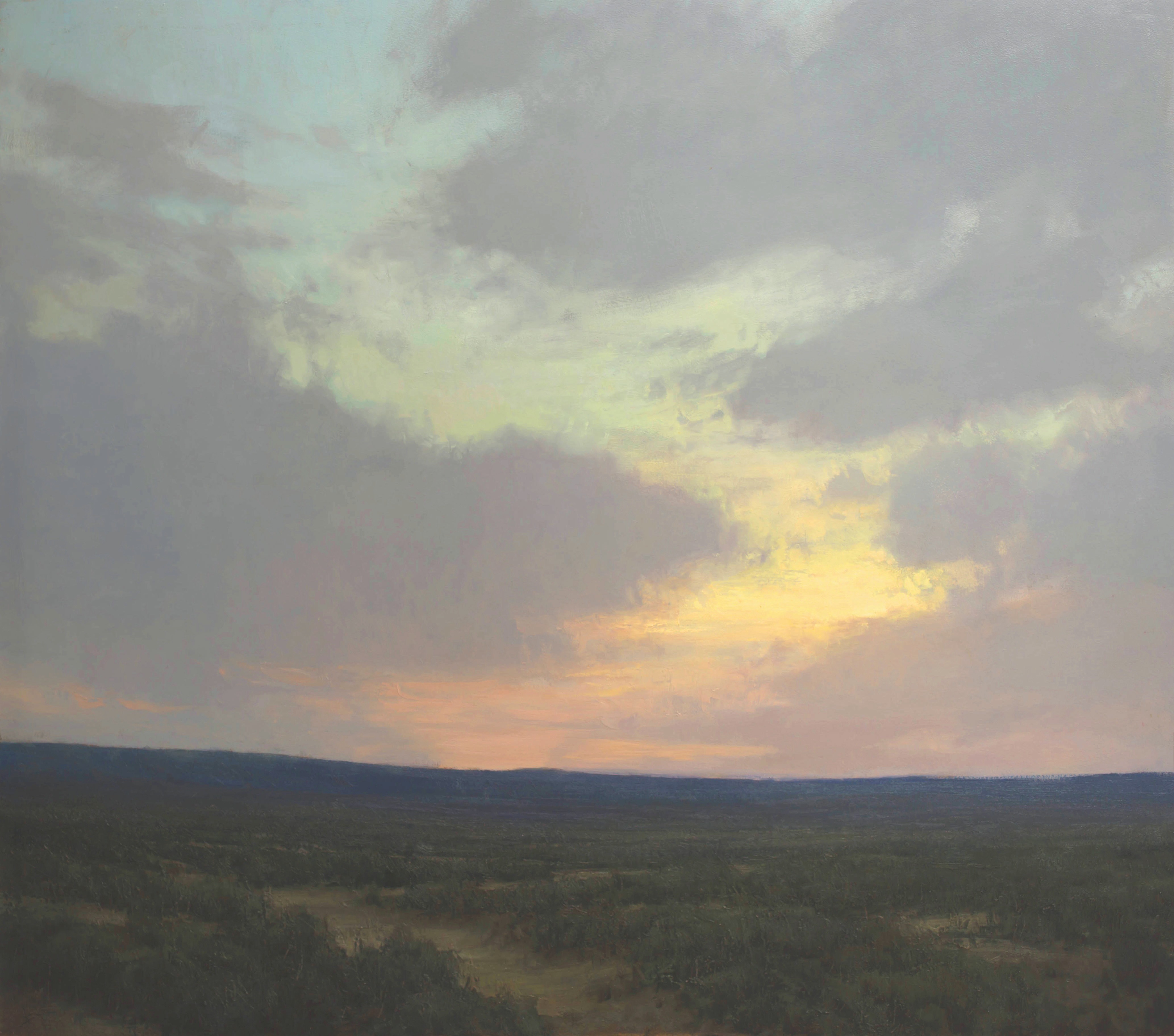 Landscape painting depicting clouds and sun over fields of sage and brush in Sweetwater County, Wyoming.