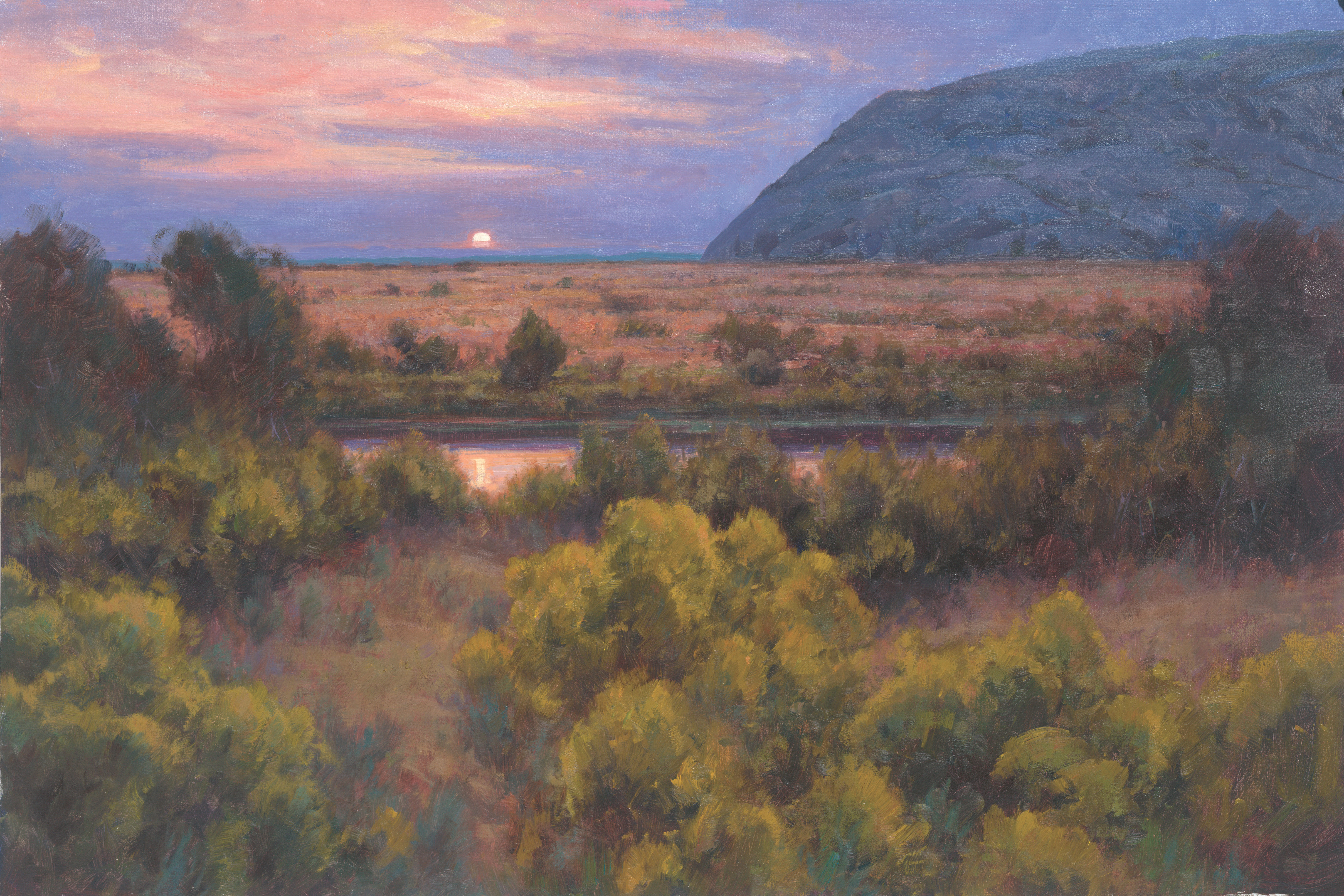 Landscape painting depicting the Devil's Gate area in Wyoming at sunset. The sun in is portrayed low in the horizon as it sets.