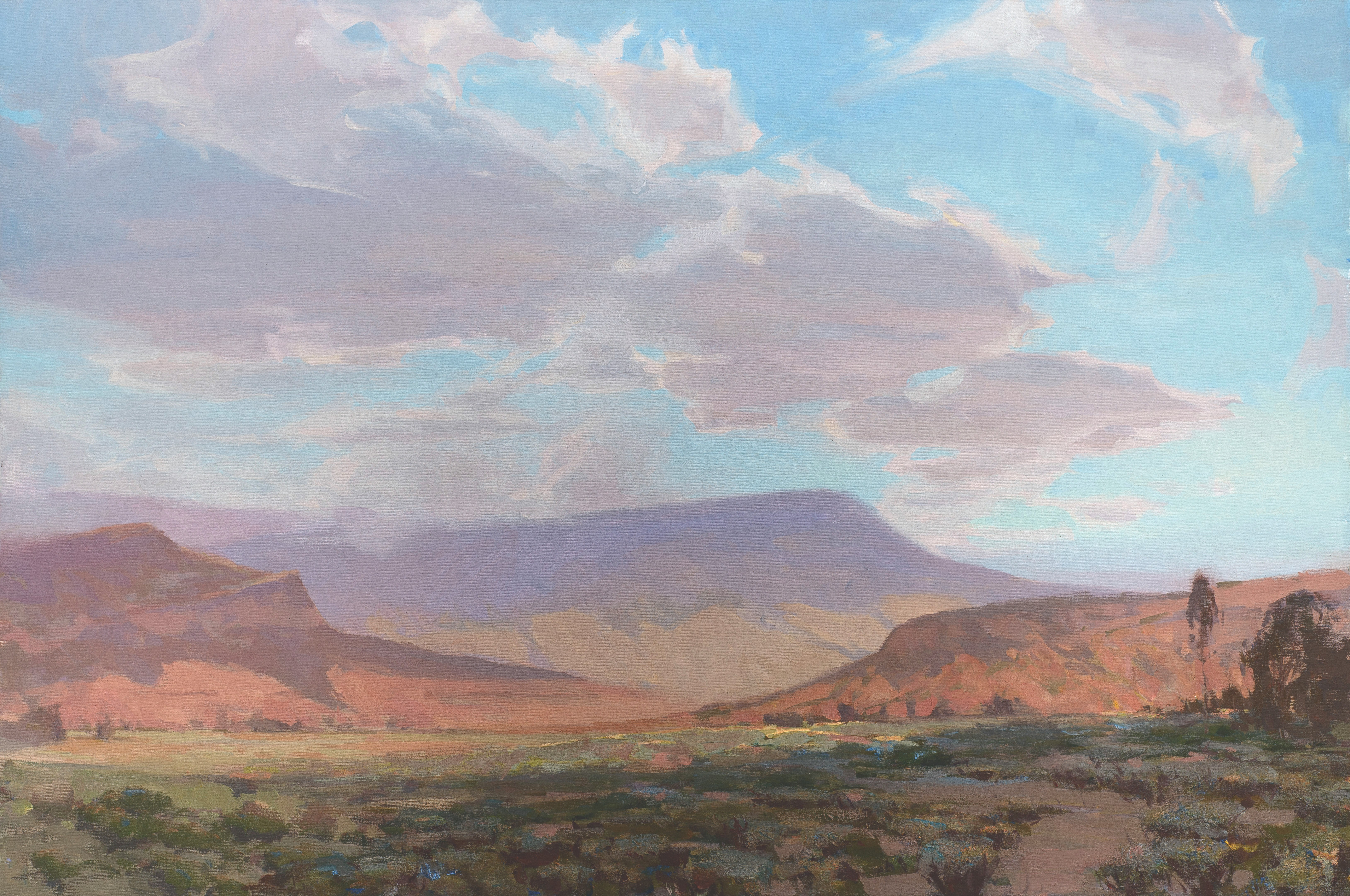 Landscape painting depicting desert scenery with cliffs and mesas in Red Butte, Wyoming (part of the Mormon Trail traveled by LDS pioneers).