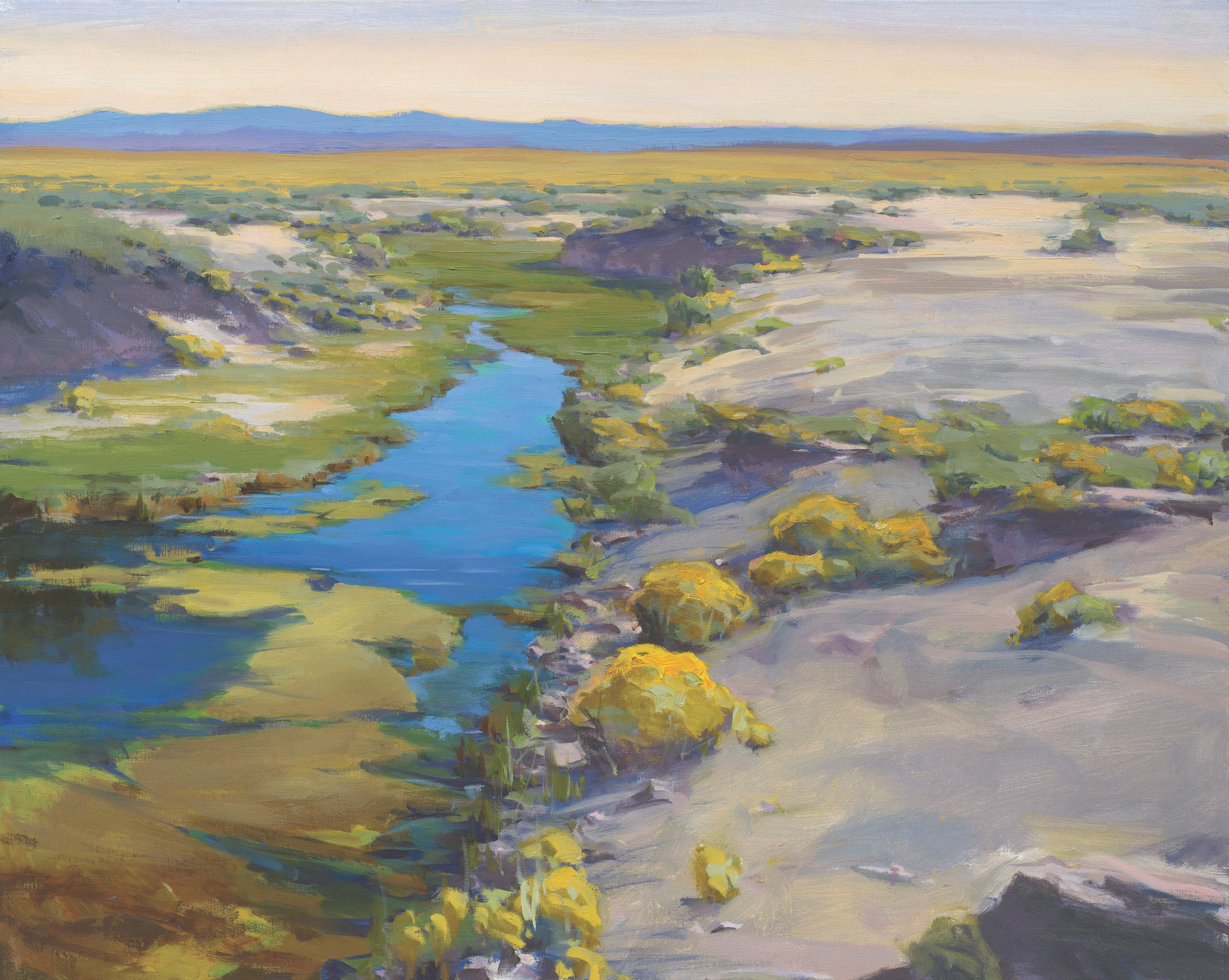 Landscape painting depicting a river flowing through desert landscape in Caspar, Wyoming