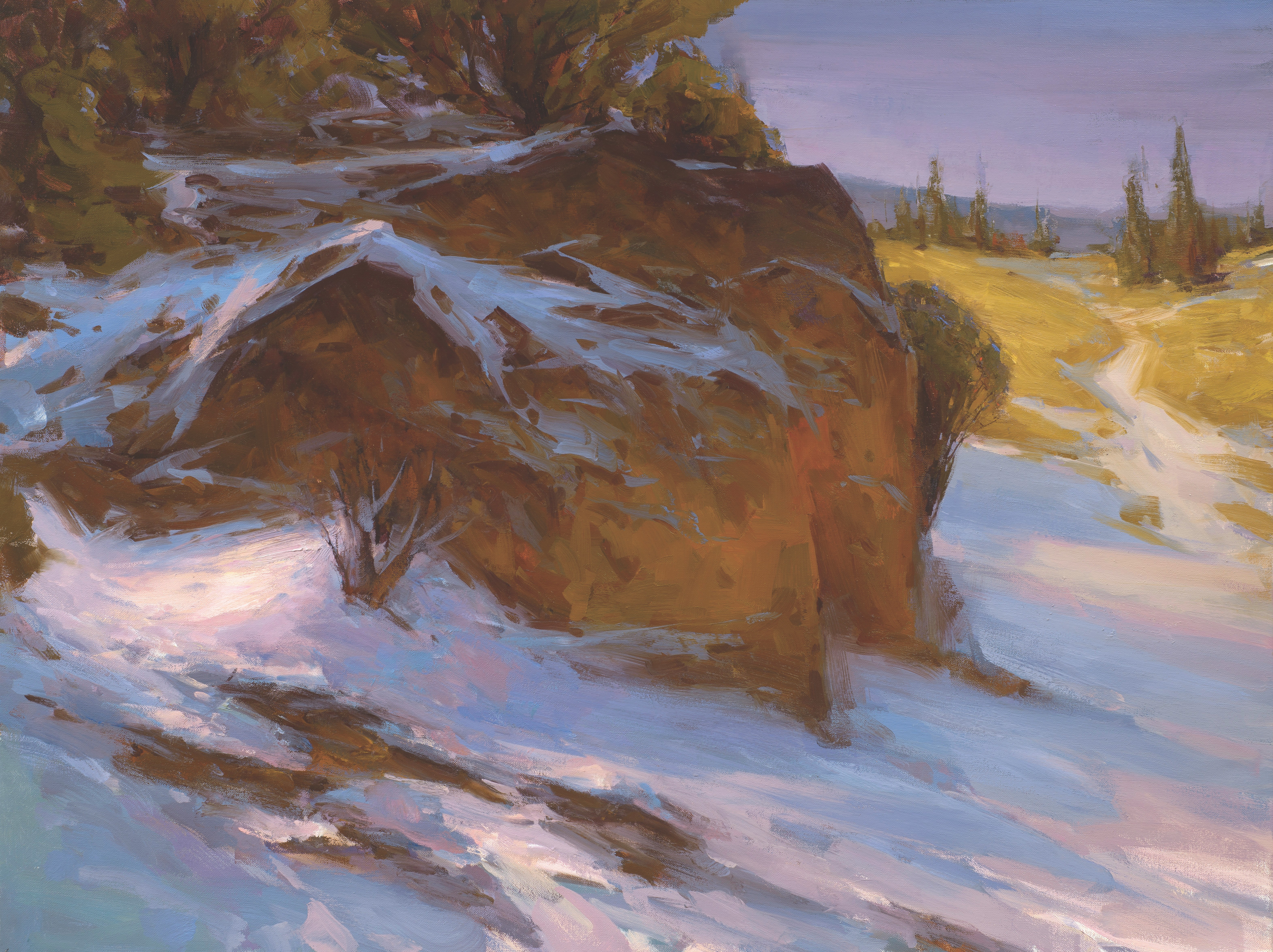 Landscape painting depicting rock formations and a snow covered trail in Guernsey, Wyoming (part of the Mormon Trail traveled by LDS pioneers).