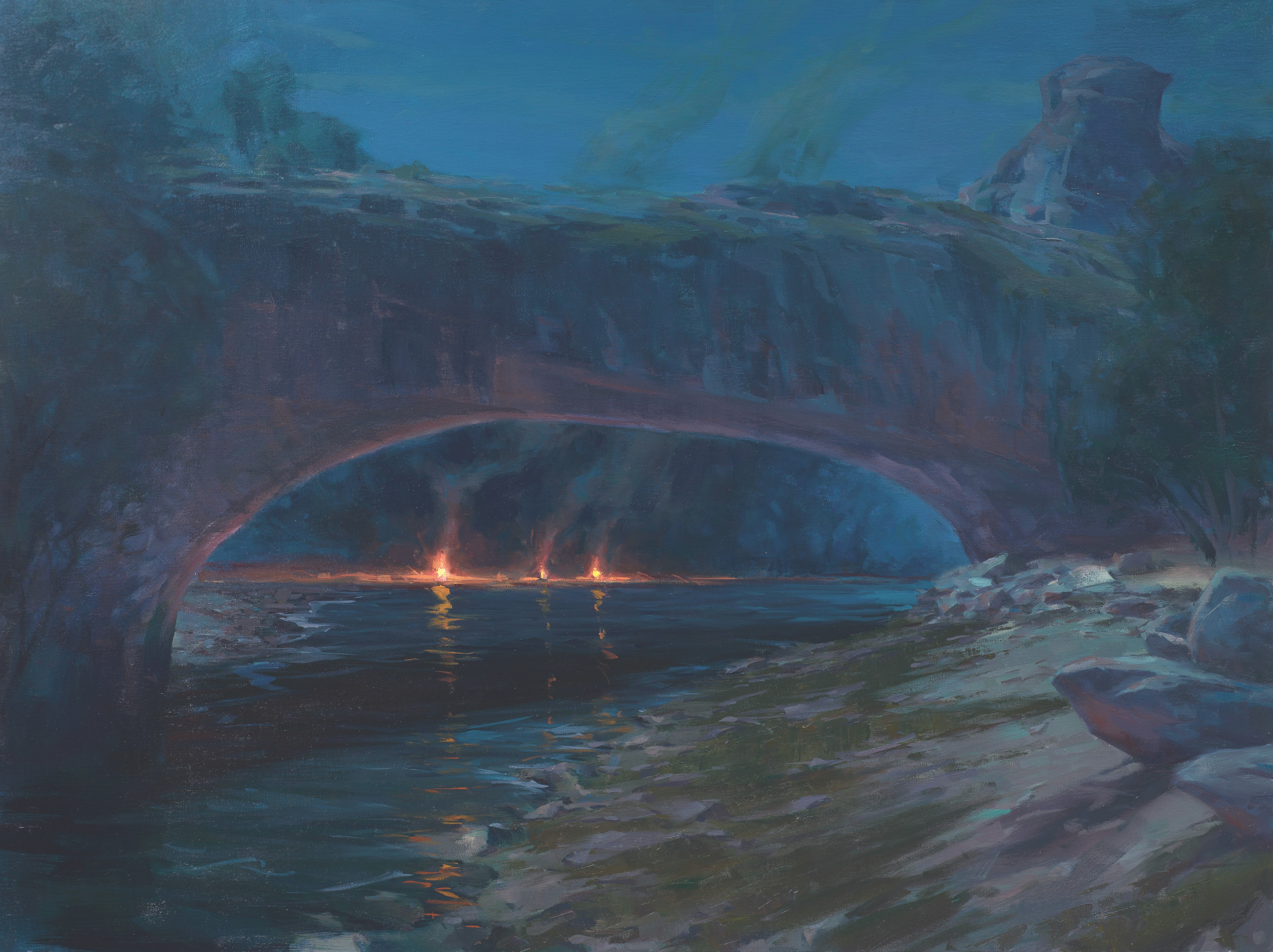 The painting depicts the area at night, with pioneer campfires along the edge of a river.