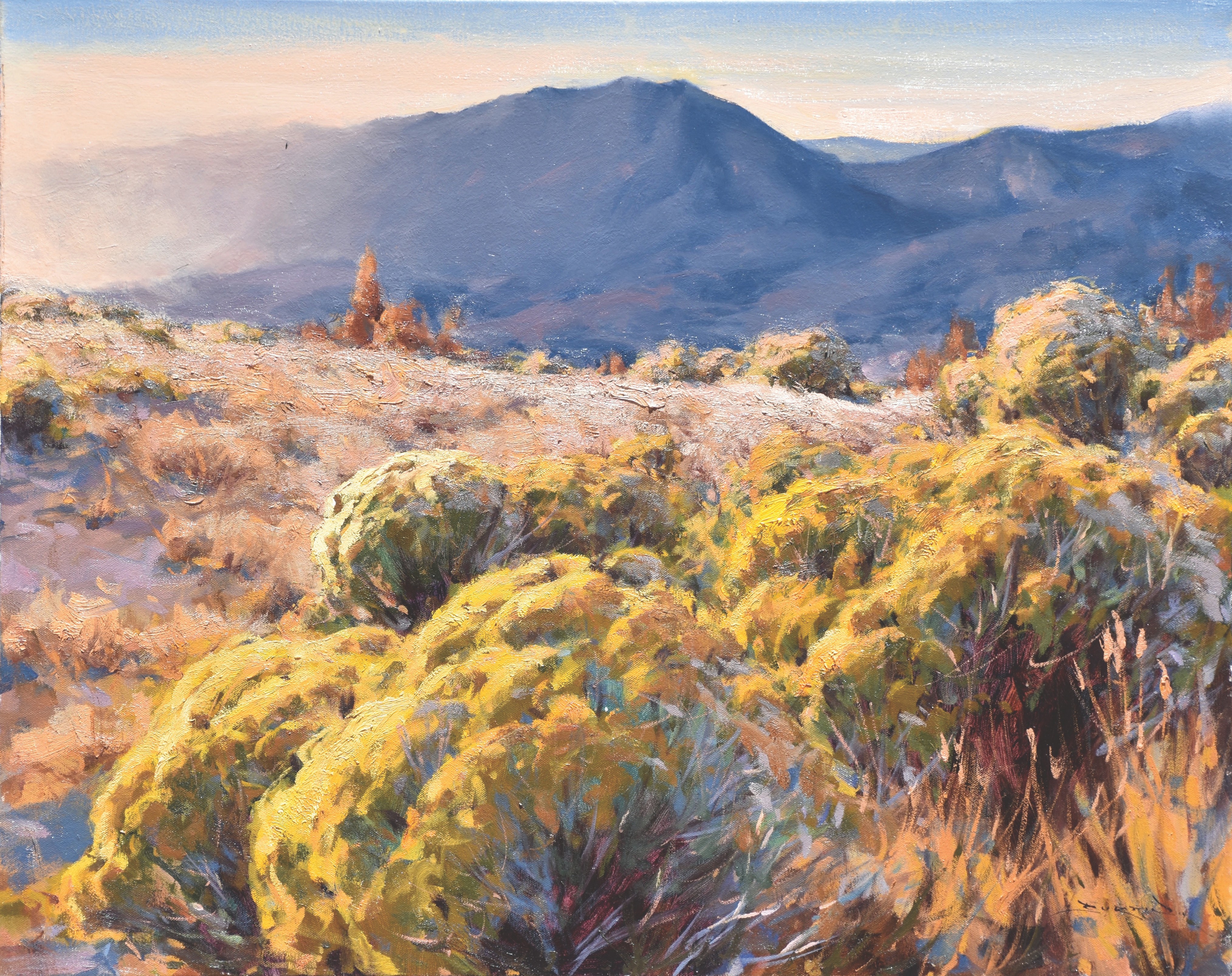 Landscape painting depicting the area between Big Mountain and Little Mountain in Utah (where the pioneers came into the Salt Lake Valley). The are is depicted covered in sagebrush.
