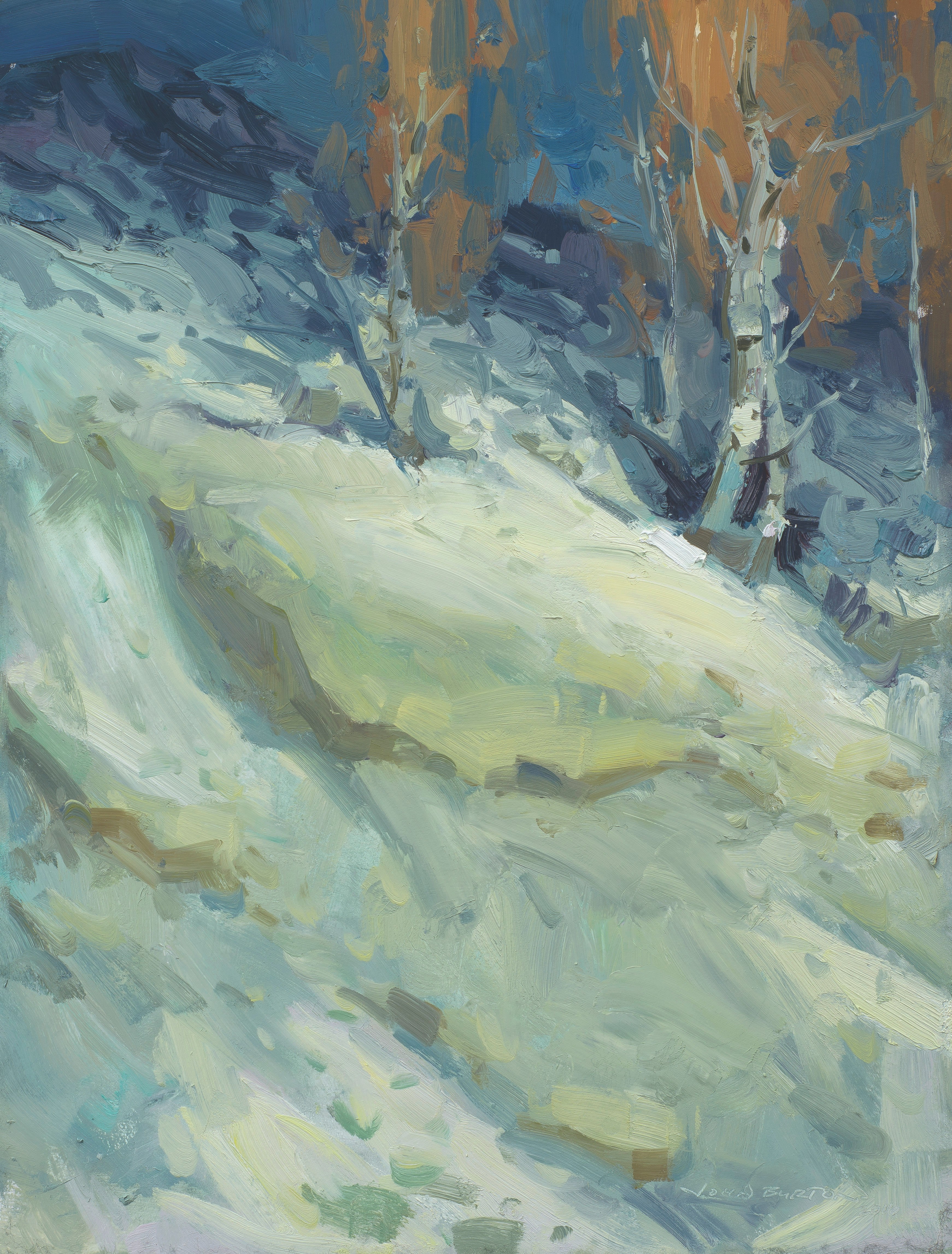 Landscape painting depicting a snow-covered hillside in Emigration Canyon, Utah. There are trees growing on the hillside.