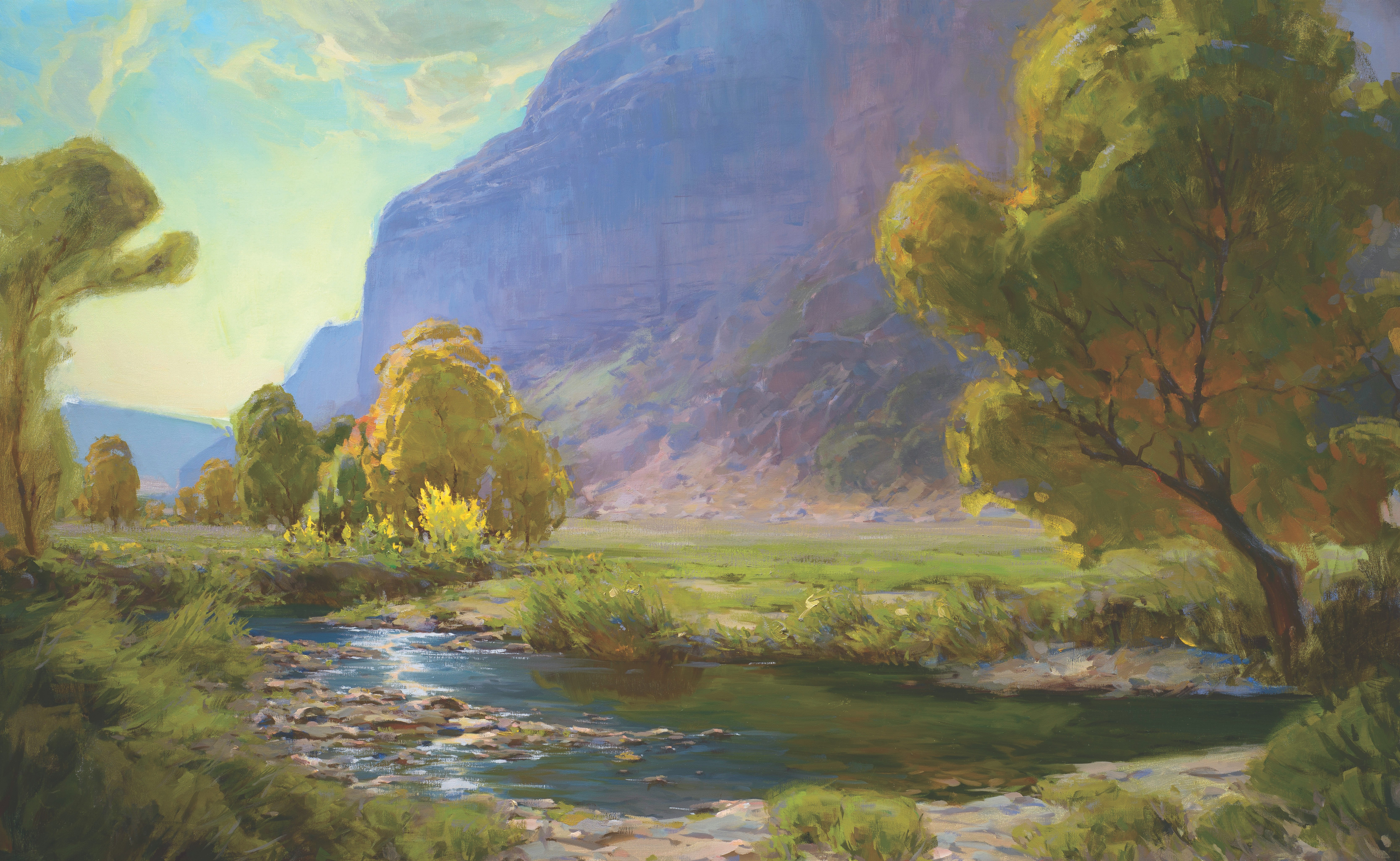 Landscape painting depicting Echo Canyon, Utah, with a creek running through the canyon. There are trees bordering the creek.