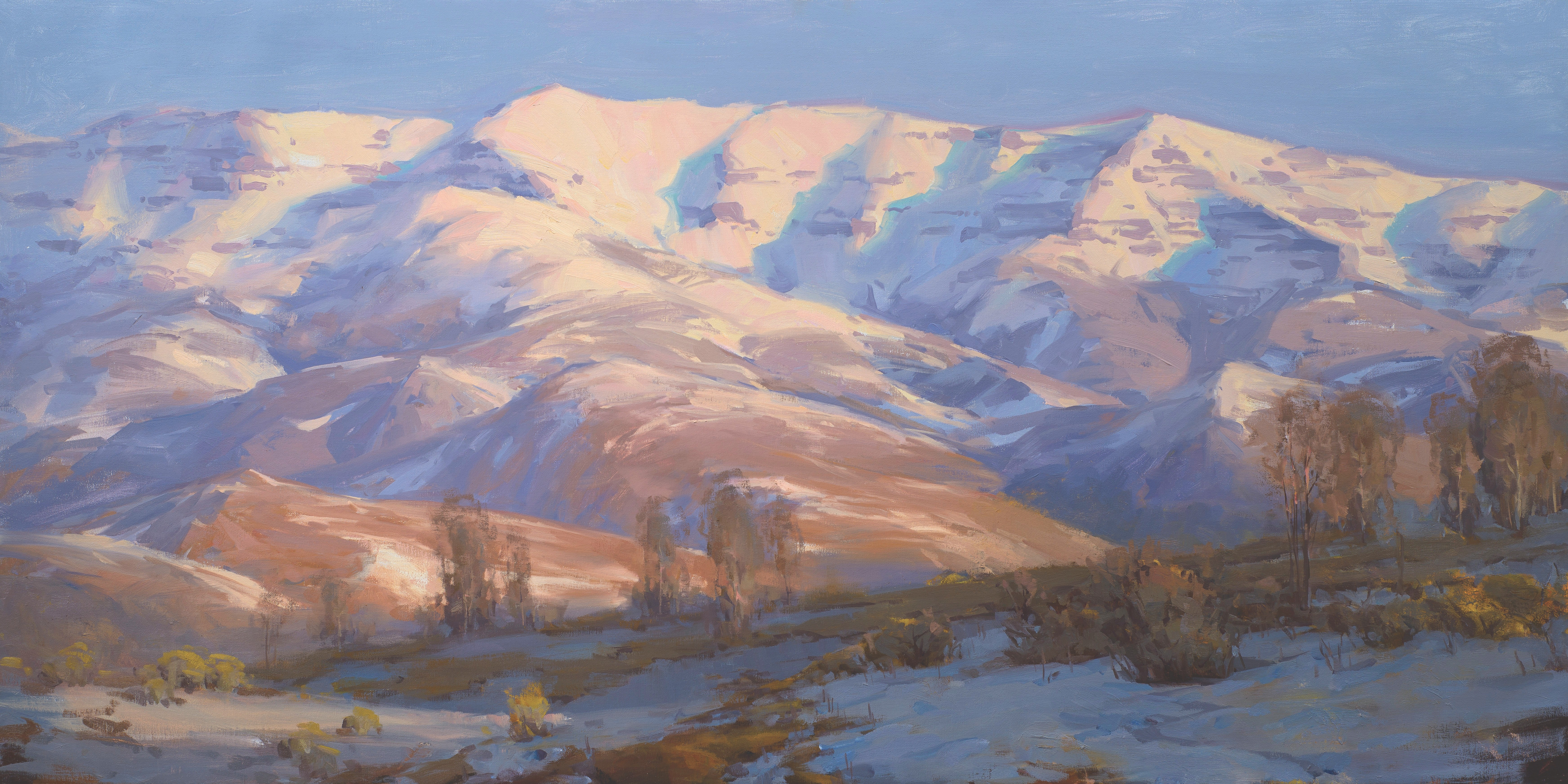 Landscape painting depicting Big Mountain in Utah covered in snow. Trees and sage in the Salt Lake Valley are in the foreground.