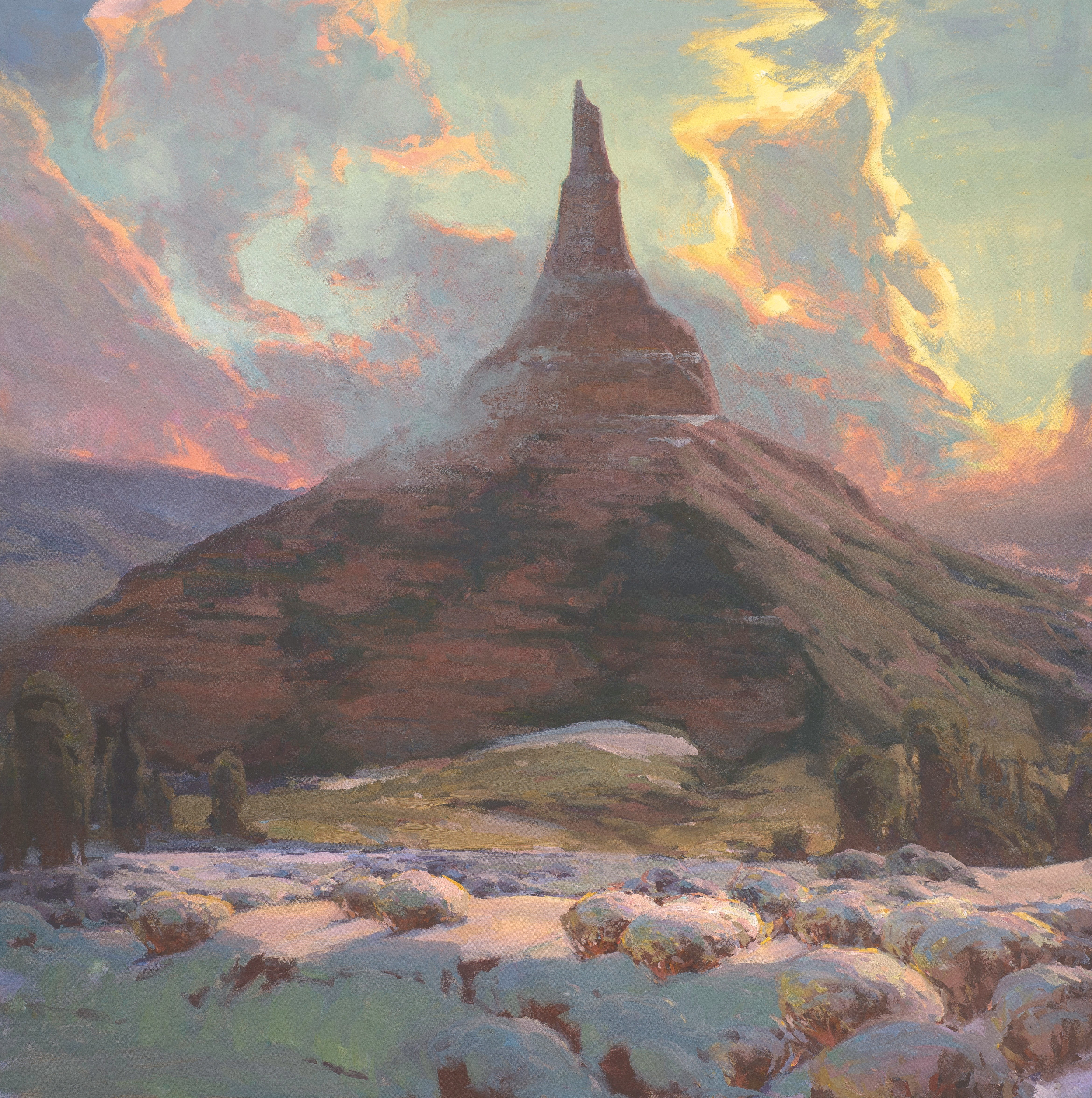 Landscape painting depicting Chimney Rock in Nebraska, with snow on the ground and clouds in the sky.