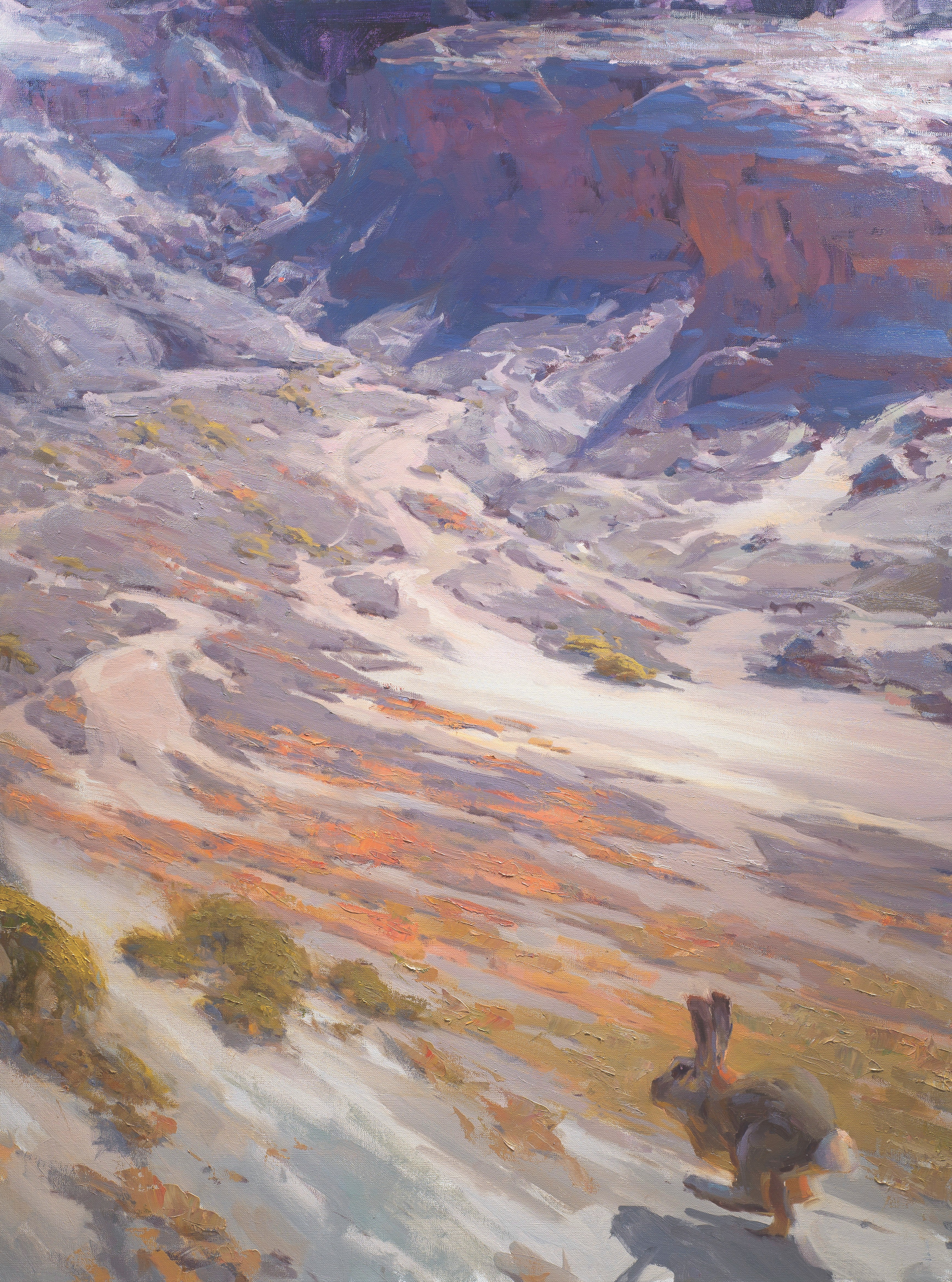 Landscape painting depicting an area near Church Butte, Wyoming. The area consists of rugged mountain terrain and sagebrush. A rabbit is hopping in the foreground.