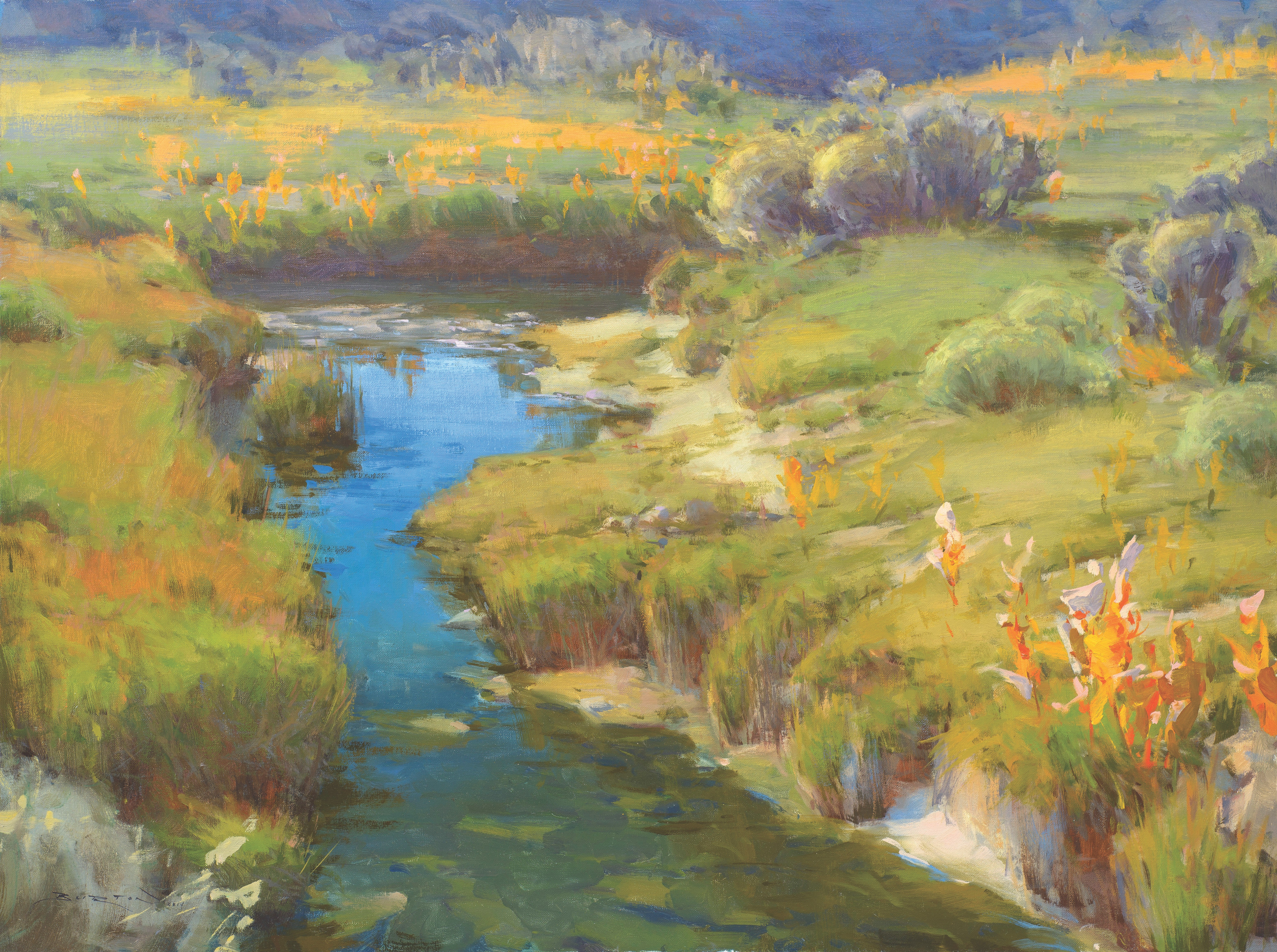 Landscape painting depicting a river and land along the banks of the river in Fremont County, Wyoming. The area was part of the Mormon trail traveled by LDS pioneers.