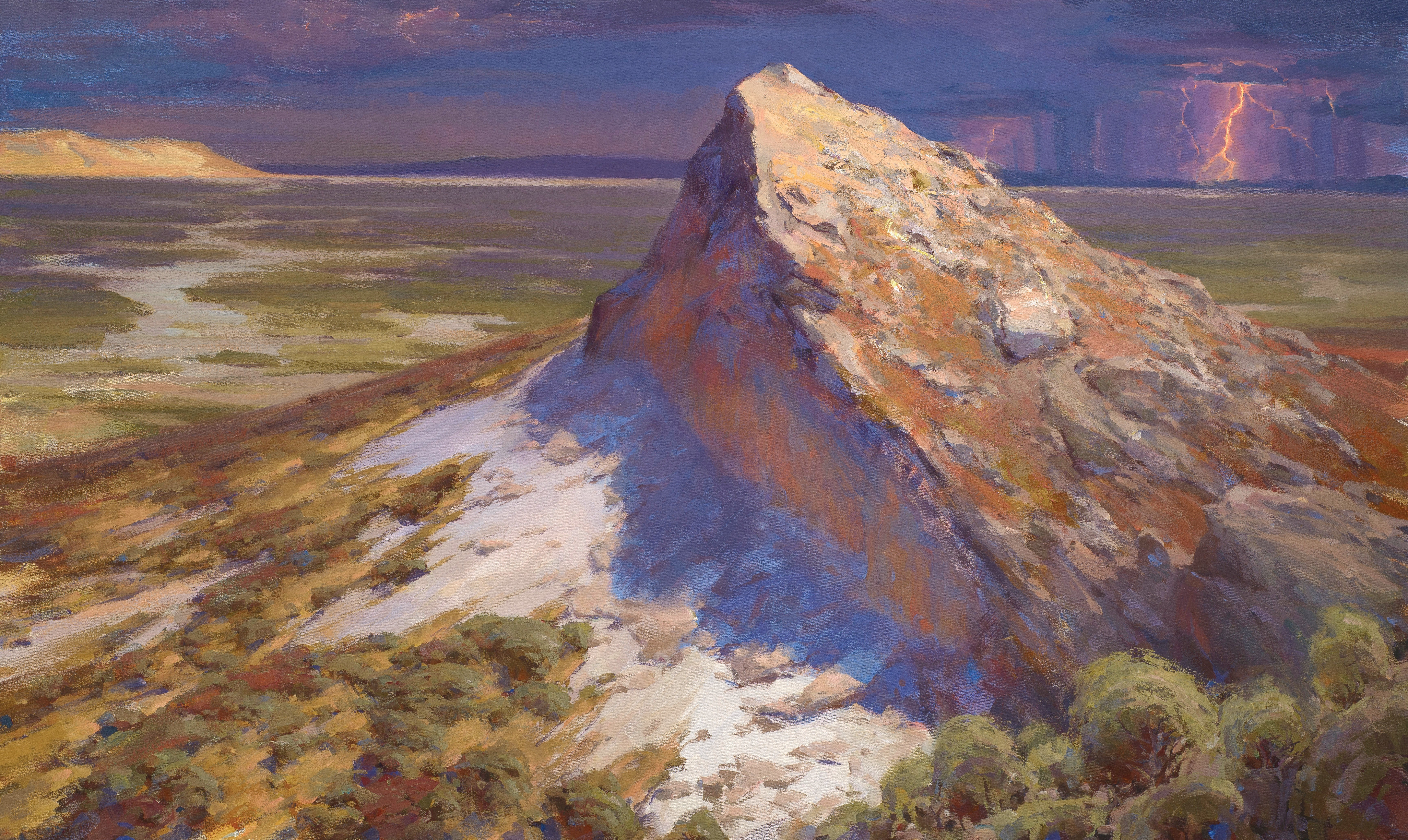 Landscape painting depicting an area known as the Devil's Backbone and Rock Avenue in Wyoming (part of the Mormon Trail traveled by LDS pioneers). There is lightening in the background in the image.