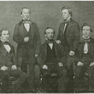 June 1857. Left to right: Joseph Bull, David H. Cannon, George Q. Cannon, William H. Shearman, Matthew F. Wilkie. (Church History Library, Salt Lake City. Photograph by Robert H. Vance.)