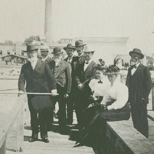 August 1896. George Q. Cannon is standing with a fishing pole in the front left. Wilford Woodruff is standing behind him in the black bowler hat. Carlie Cannon and Emma Smith Woodruff are seated. Others unknown. (Church History Library, Salt Lake City.)