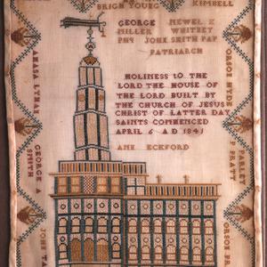 This cross-stitch by Ann Eckford circa 1846 celebrates the completed Nauvoo temple. (Church History Museum, Salt Lake City.)
