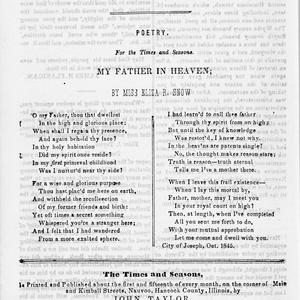 Eliza Snow’s best-known hymn text, later titled “O My Father,” was first published in the church newspaper <i>Times and Seasons.</i> (Church History Library, Salt Lake City.)