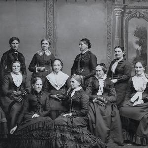Circa 1882–1884. Front row, left to right: Jane S. Richards, Emmeline B. Wells. Second row: Phebe Woodruff, Mary Isabella Horne, Eliza R. Snow, Zina D. H. Young, Nancy M. J. Hyde. Back row: Dr. Ellis R. Shipp, Bathsheba W. Smith, Elizabeth A. Howard, Dr. Romania B. Pratt. Photograph by Charles R. Savage. (Church History Library, Salt Lake City.)