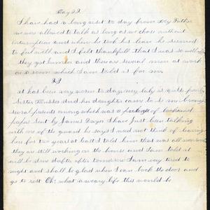 Excerpt from 22 May 1883 entry: “I have had a long visit to day from my Father we were allowed to talk as long as we chose without interruption and when he took his leave he seemed to feel well and I felt thankfull that I was so well off.” A transcript of the complete journal entry is <a href="/belle-harris/1883/1883-05?lang=eng#title6">available here</a>. (Church History Library, Salt Lake City.)