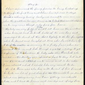 Excerpt from 30 May 1883 entry: “A sickening sence of lonleyness seemed to come over me when the great iron bar was drawn and bolted that would confine me to my room though only for a few hours.” A transcript of the complete journal entry is <a href="/belle-harris/1883/1883-05?lang=eng#title13">available here</a>. (Church History Library, Salt Lake City.)