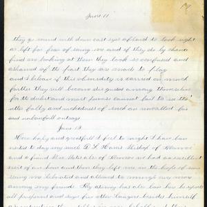 Excerpt from 11 June 1883 entry: “They go round with down cast eyes afraid to look right or left for fear of seeing me and if they do chance find me looking at them they look so confused and ashamed of the part they are made to play.” A transcript of the complete journal entry is <a href="/belle-harris/1883/1883-06?lang=eng#title9">available here</a>. (Church History Library, Salt Lake City.)