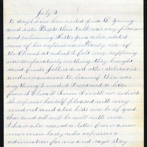 Excerpt from 3 July 1883 entry: “To day I have been visited Zina D. Young and sister Freese their talk was very pleasant and enlivening Sister Zina also related some of her experience in the early rise of the Church at which I felt my suffering was comparatively nothing.” A transcript of the complete journal entry is <a href="/belle-harris/1883/1883-07?lang=eng#title3">available here</a>. (Church History Library, Salt Lake City.)