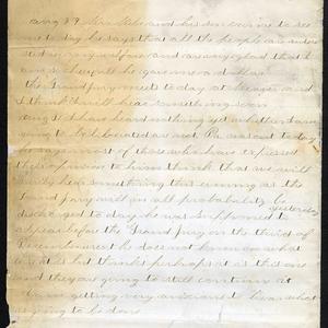 Excerpt from 31 August 1883 entry: “I have heard nothing yet whether I am going to be liberated are not. Pa was out to day he says most of those who have expressed their opinion to him think that we will surely hear something this evening as the Grand Jury will in all probability be discharged to day.” A transcript of the complete journal entry is <a href="/belle-harris/1883/1883-08?lang=eng#title24">available here</a>. (Church History Library, Salt Lake City.)