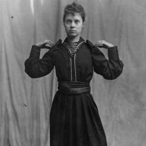 <strong>Maud May Babcock demonstrating physical culture.</strong> 1894. Illustrating the progressive and athletic New Woman ethos, in 1894 the Young Woman’s Journal published a series of “educational gymnastics” demonstrated by Babcock, an instructor of physical culture at the University of Utah. The exercise depicted here was intended to improve posture. (Image courtesy Special Collections, J. Willard Marriott Library, University of Utah, Salt Lake City. Maud May Babcock Photo Collection, P0083, 61.)