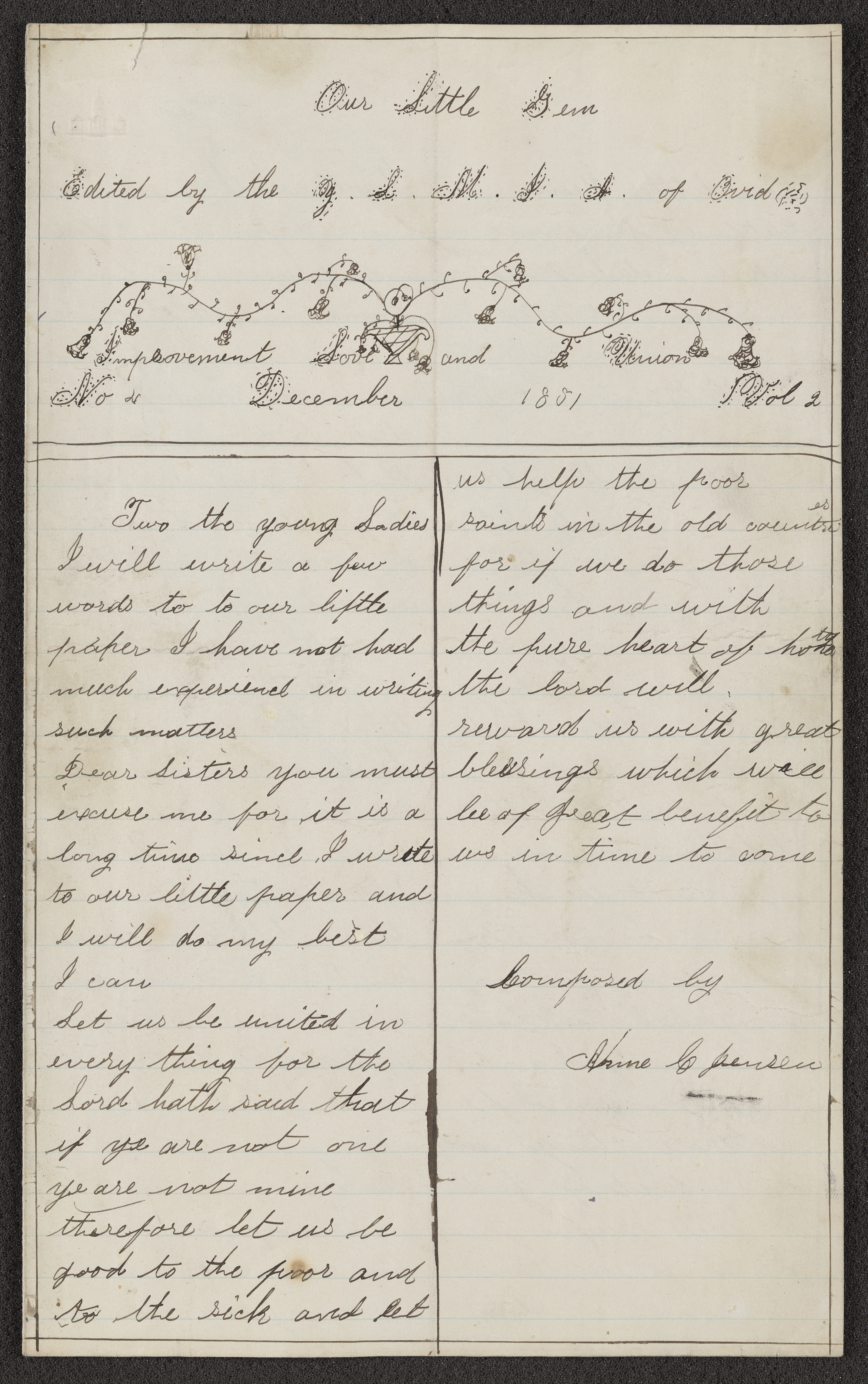 <strong><em>Our Little Gem</em> newspaper, front page.</strong> December 1881. This manuscript newspaper was created by young women from the Ovid Ward, Bear Lake Stake, in Idaho Territory. Such handwritten newspapers—containing essays, poems, and stories written by local members—were popular among Young Ladies’ Mutual Improvement Associations. (Image courtesy Church History Library, Salt Lake City.)