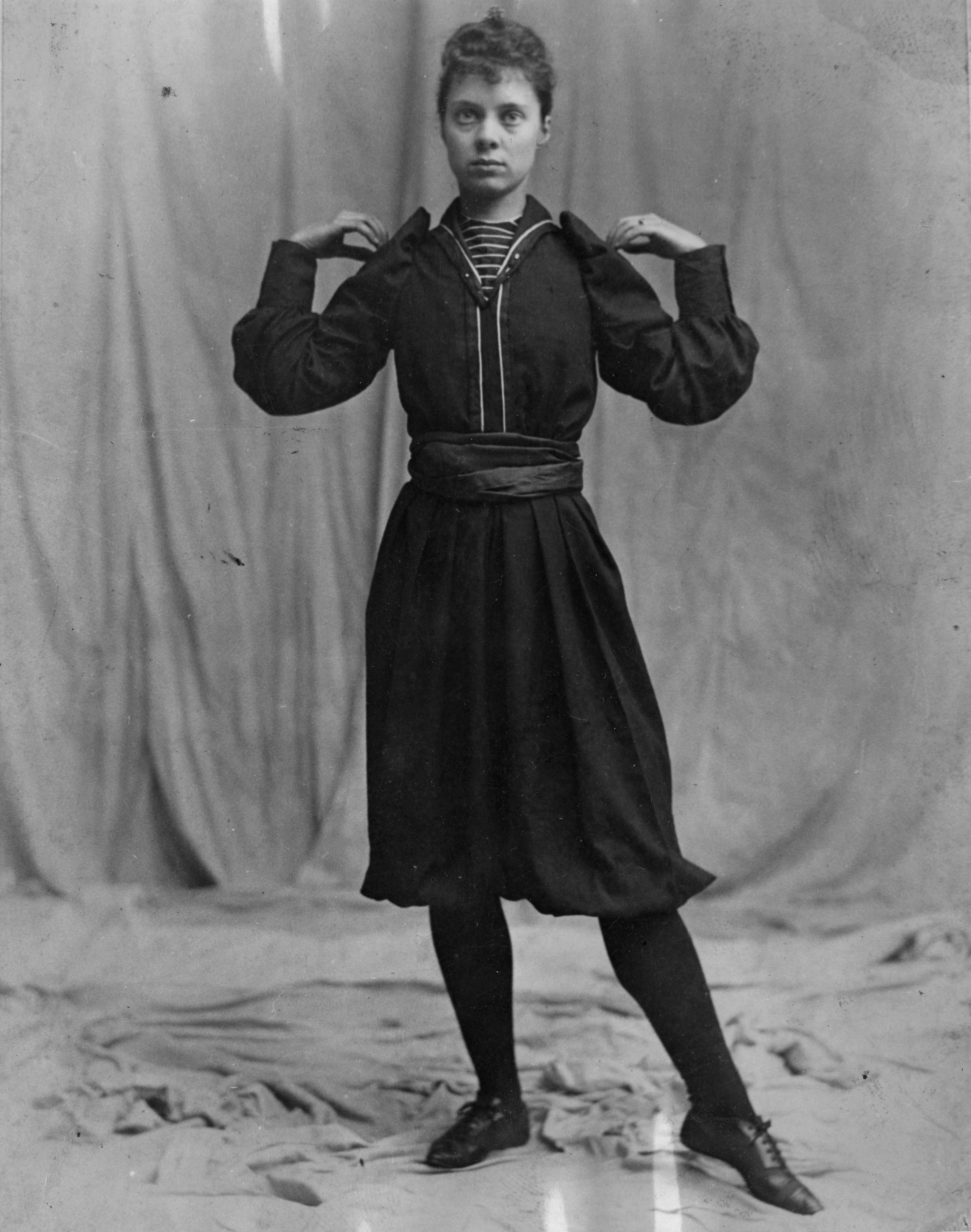 <strong>Maud May Babcock demonstrating physical culture.</strong> 1894. Illustrating the progressive and athletic New Woman ethos, in 1894 the Young Woman’s Journal published a series of “educational gymnastics” demonstrated by Babcock, an instructor of physical culture at the University of Utah. The exercise depicted here was intended to improve posture. (Image courtesy Special Collections, J. Willard Marriott Library, University of Utah, Salt Lake City. Maud May Babcock Photo Collection, P0083, 61.)