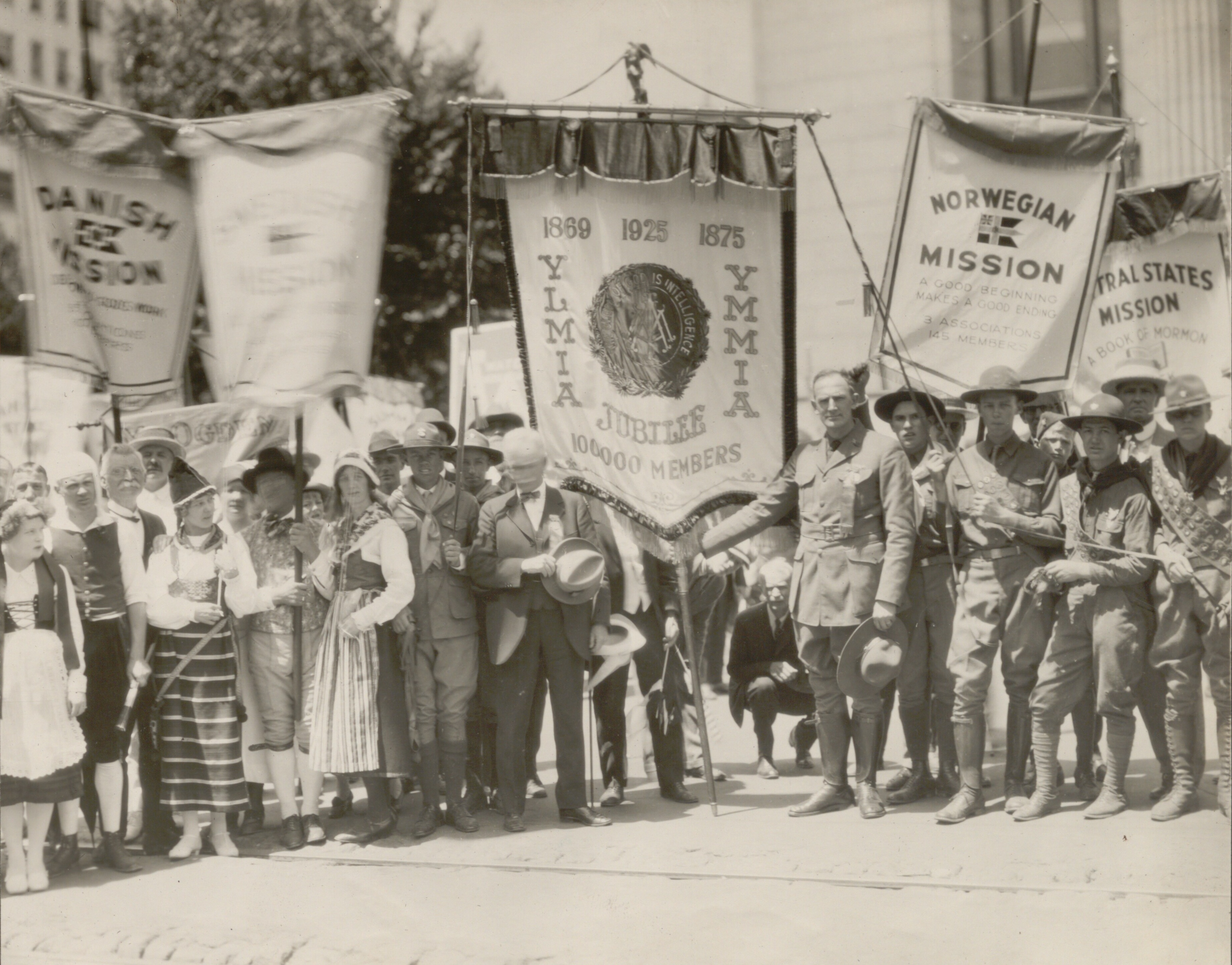 <strong>Banners at the MIA Jubilee.</strong> 1925. This celebration marked the fiftieth anniversary of the MIA organizations, specifically the organization of the young men’s association in 1875. Participants from local units made banners to represent the MIA in their stakes and marched in a grand parade during June Conference in Salt Lake City. (Image courtesy Church History Library, Salt Lake City.)