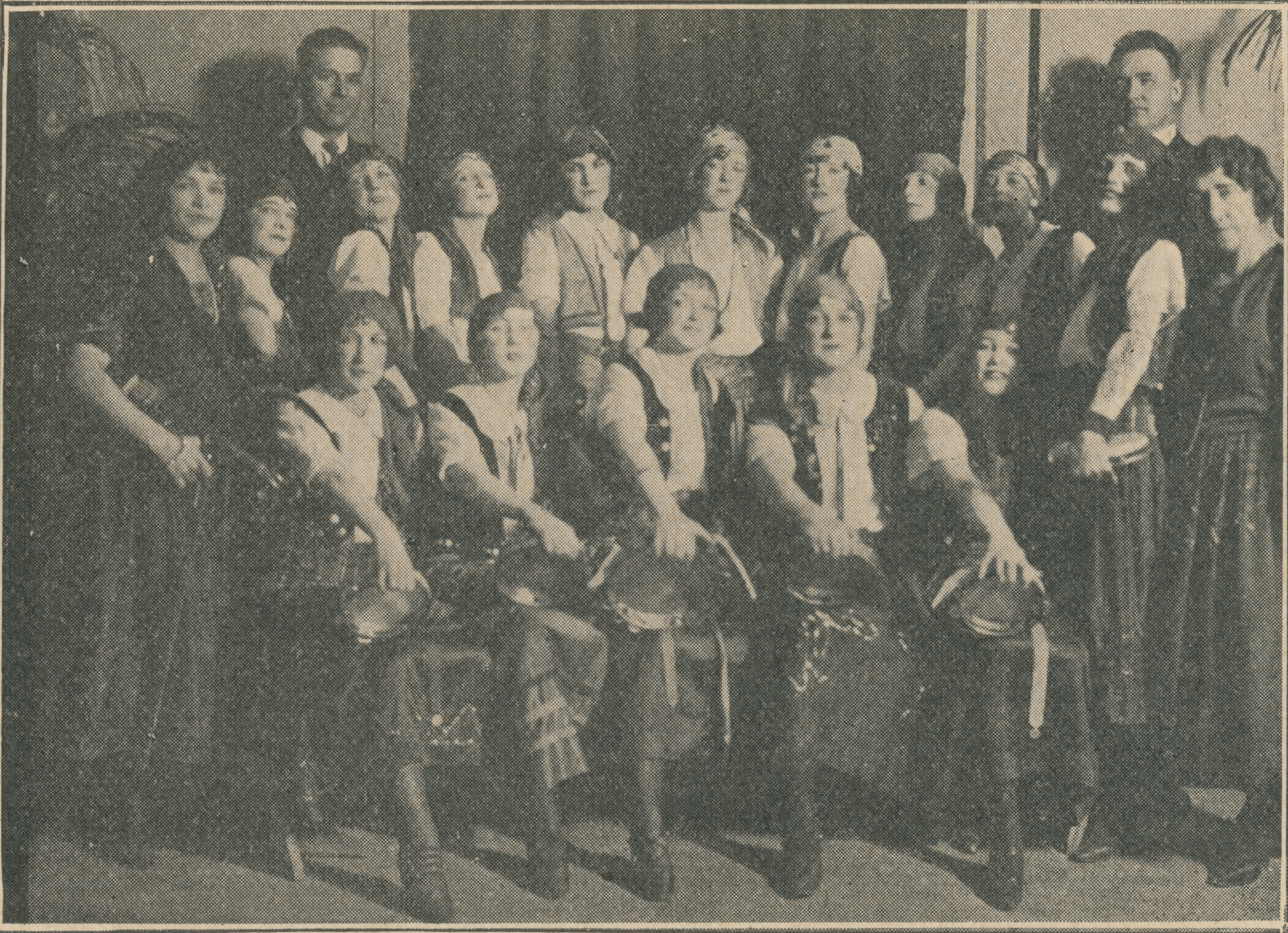 <strong>Hawthorne Ward MIA drama winners.</strong> 1924. Members of the Hawthorne Ward in Salt Lake City, pictured here in costume, won the Granite Stake Merry-Go-Round drama event. Over 250 participants traveled by automobile to perform their acts at the various ward buildings in the stake, setting the pattern for MIA road shows that would thrive for more than fifty years. (Image courtesy “Hawthorne Blossoms,” in “Preaching the Gospel of Better Recreation,” <em>Young Woman’s Journal</em>, May 1924, 258, copy at Church History Library, Salt Lake City.)