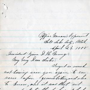 First page of a letter from Emmeline B. Wells to Zina D. H. Young, 24 April 1888. Wells wrote to Young, who was visiting Cardston, Alberta, to congratulate her on her new assignment as Relief Society general president. (MS 4780, Church History Library, Salt Lake City.)