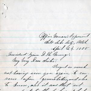 First page of a letter from Emmeline B. Wells to Zina D. H. Young, 24 April 1888. Wells wrote to Young, who was visiting Cardston, Alberta, Canada, to congratulate her on her new assignment as Relief Society general president. (MS 4780, Church History Library, Salt Lake City.)