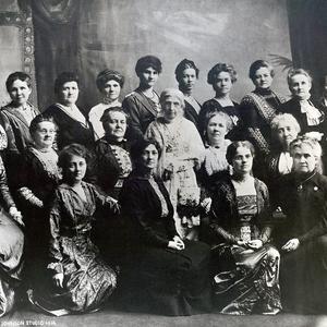 President Emmeline B. Wells (standing in the center of the photograph), with the Relief Society general presidency and board. Photograph by the Johnson studio. (PH 2466, Church History Library, Salt Lake City.)