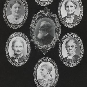 Photomosaic of Daniel H. Wells, center, and six of his wives. Clockwise from top center: Louisa Free, Hannah Corilla Free, Lydia Ann Alley, Emmeline B. Woodward, Susan Hannah Alley, and Martha Givens Harris. (PH 5101, Church History Library, Salt Lake City.)