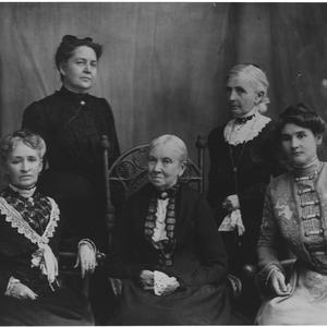Emmeline B. Wells (standing, right) served as general secretary of the Relief Society in the administration of Bathsheba W. Smith (seated, center). Other members of the presidency were (left to right) Annie T. Hyde, first counselor; Clarissa S. Williams, treasurer; and Ida S. Dusenberry, second counselor. In her diary entry for 20 June 1903, Wells described the presidency having this photograph taken at the studio of Fox & Symons on Main Street. (Used by permission, Utah State Historical Society.)