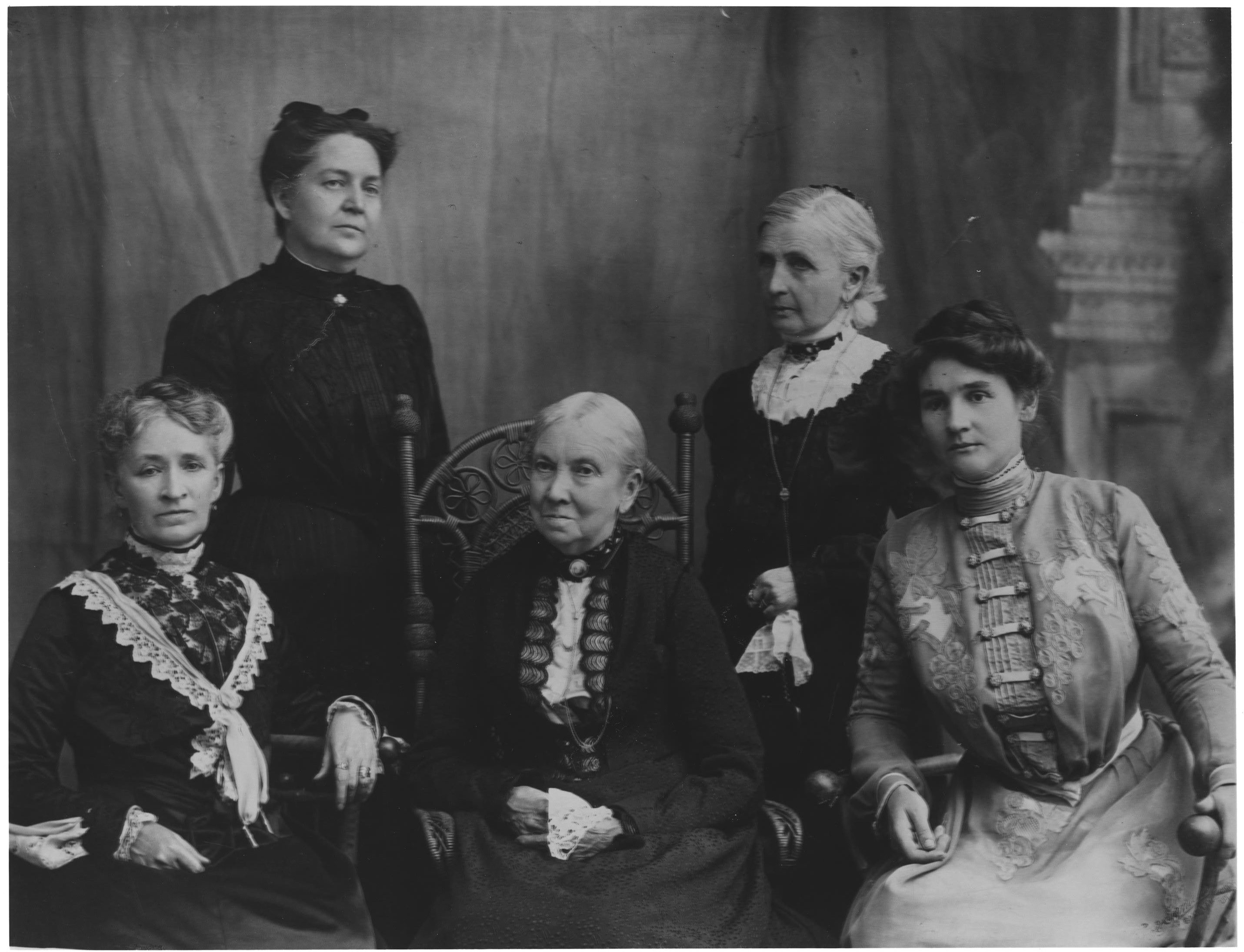 Emmeline B. Wells (standing, right) served as general secretary of the Relief Society in the administration of Bathsheba W. Smith (seated, center). Other members of the presidency were (left to right) Annie T. Hyde, first counselor; Clarissa S. Williams, treasurer; and Ida S. Dusenberry, second counselor. In her diary entry for 20 June 1903, Wells described the presidency having this photograph taken at the studio of Fox & Symons on Main Street. (Used by permission, Utah State Historical Society.)